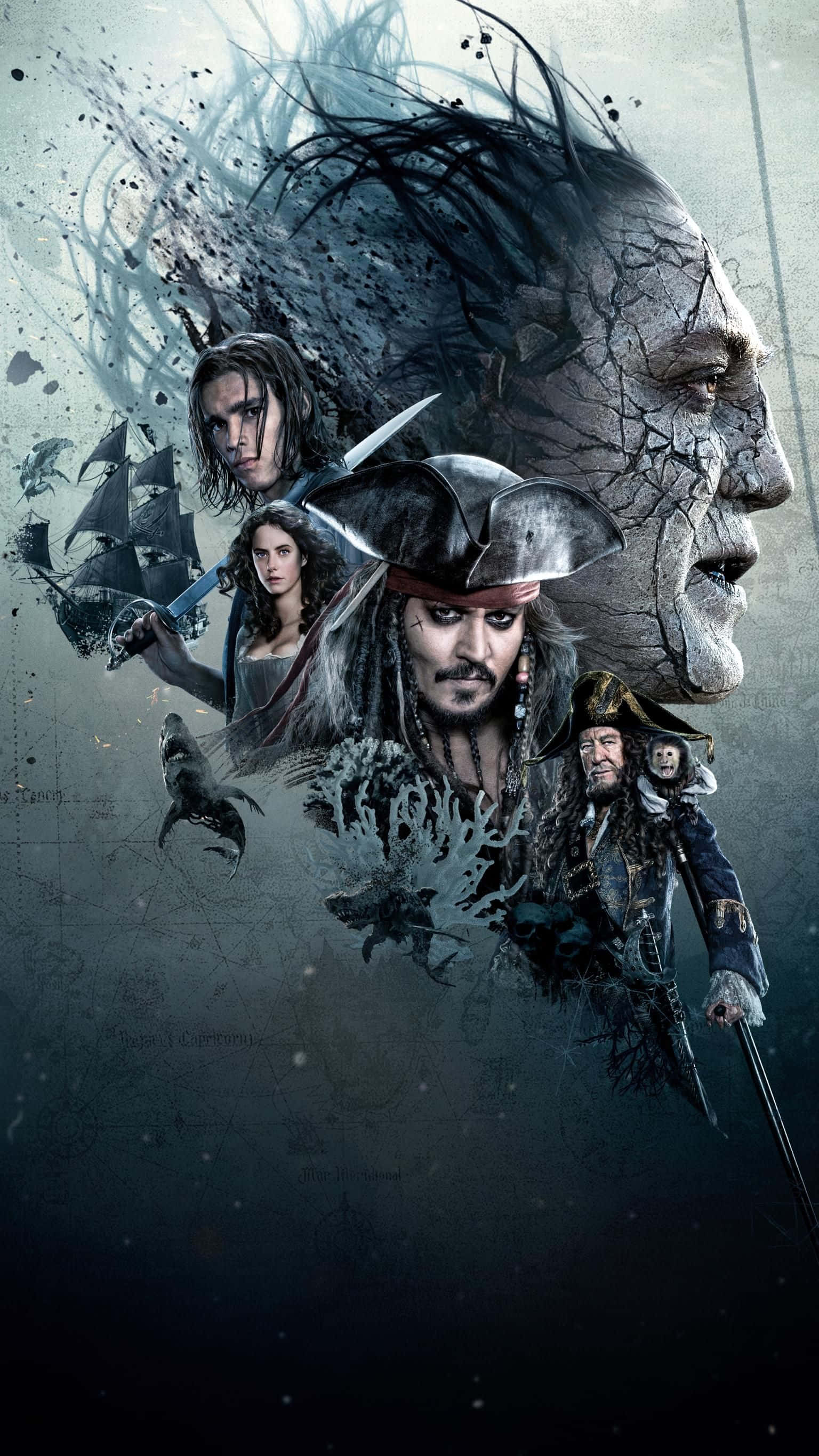 Pirates Of The Caribbean 桌布 壁紙 — 一個戲劇性的拼貼畫，描繪海盜角色，有一個巨大的裂紋骷髏臉和船隻，背景是暴風雨的灰色。