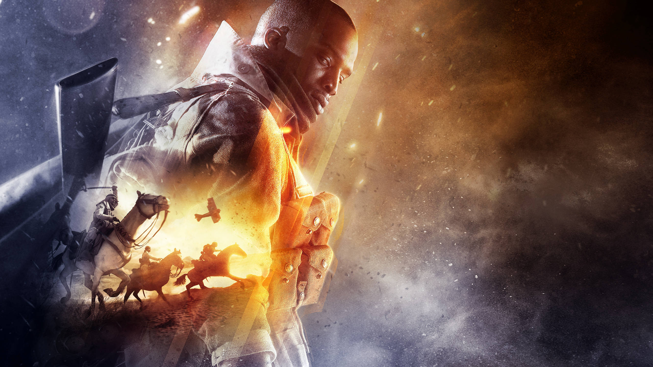 Battlefield 1 HD 桌布 壁紙 — 一個戲劇性的數碼藝術肖像，描繪一名身穿發光盔甲的士兵，伴隨著騎兵衝鋒和飛行的飛機，背景是熾熱的火焰。