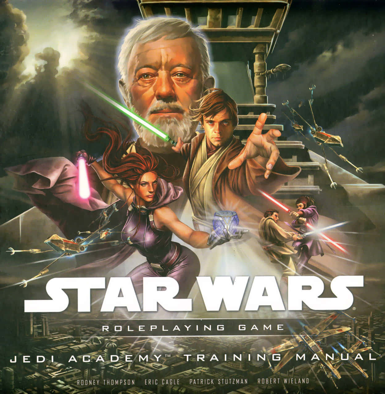 Jedi Knight 桌布 壁紙 — 一個戲劇性的星際大戰RPG封面，描繪絕地武士在暴風雨的天空下使用光劍和星際戰機進行訓練。