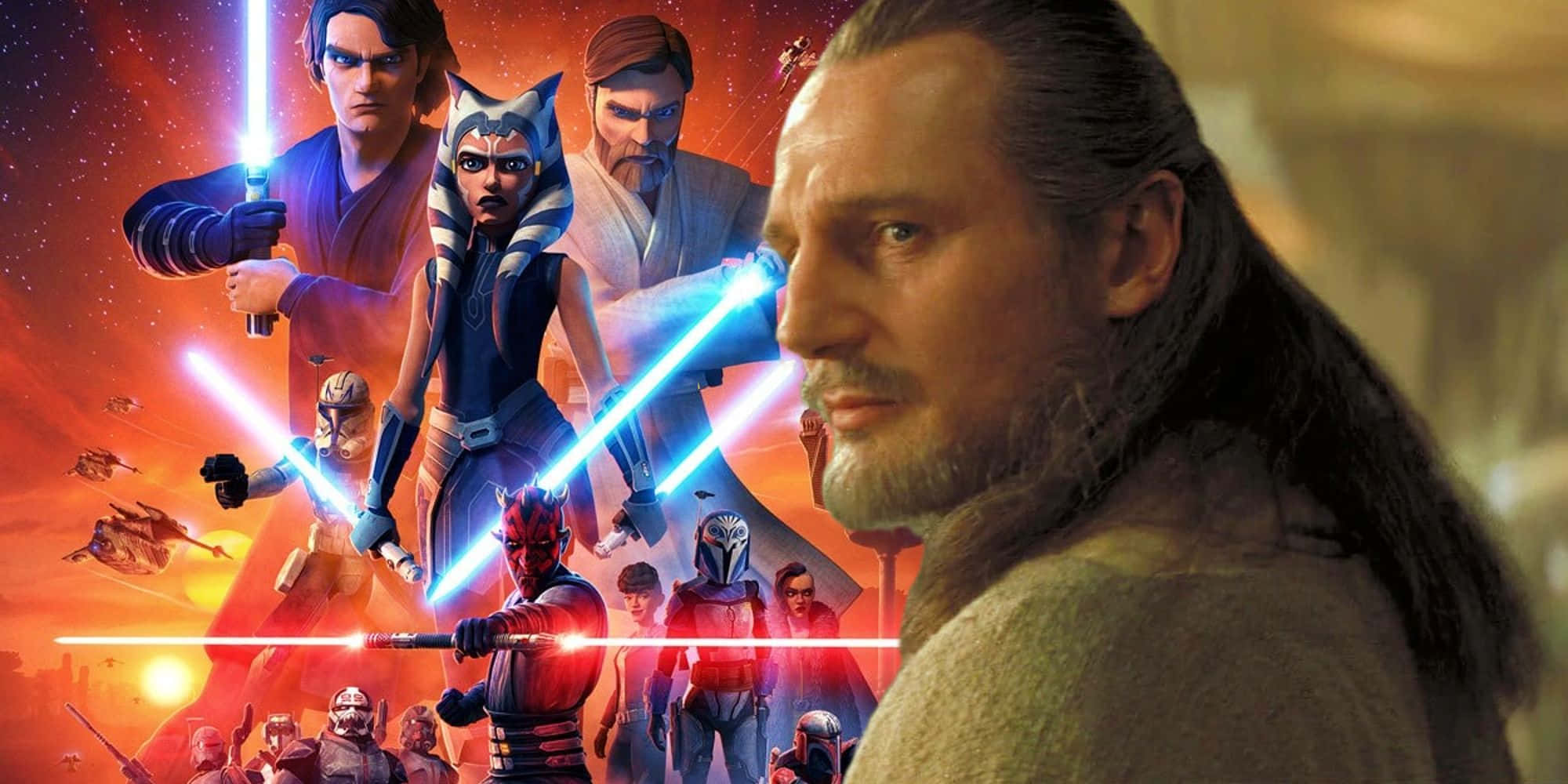Qui-gon Jinn 桌布 壁紙 — 一個戲劇性的星際大戰場景，描繪了絕地武士和西斯戰士手持發光光劍，背景是熾熱的日落天空。
