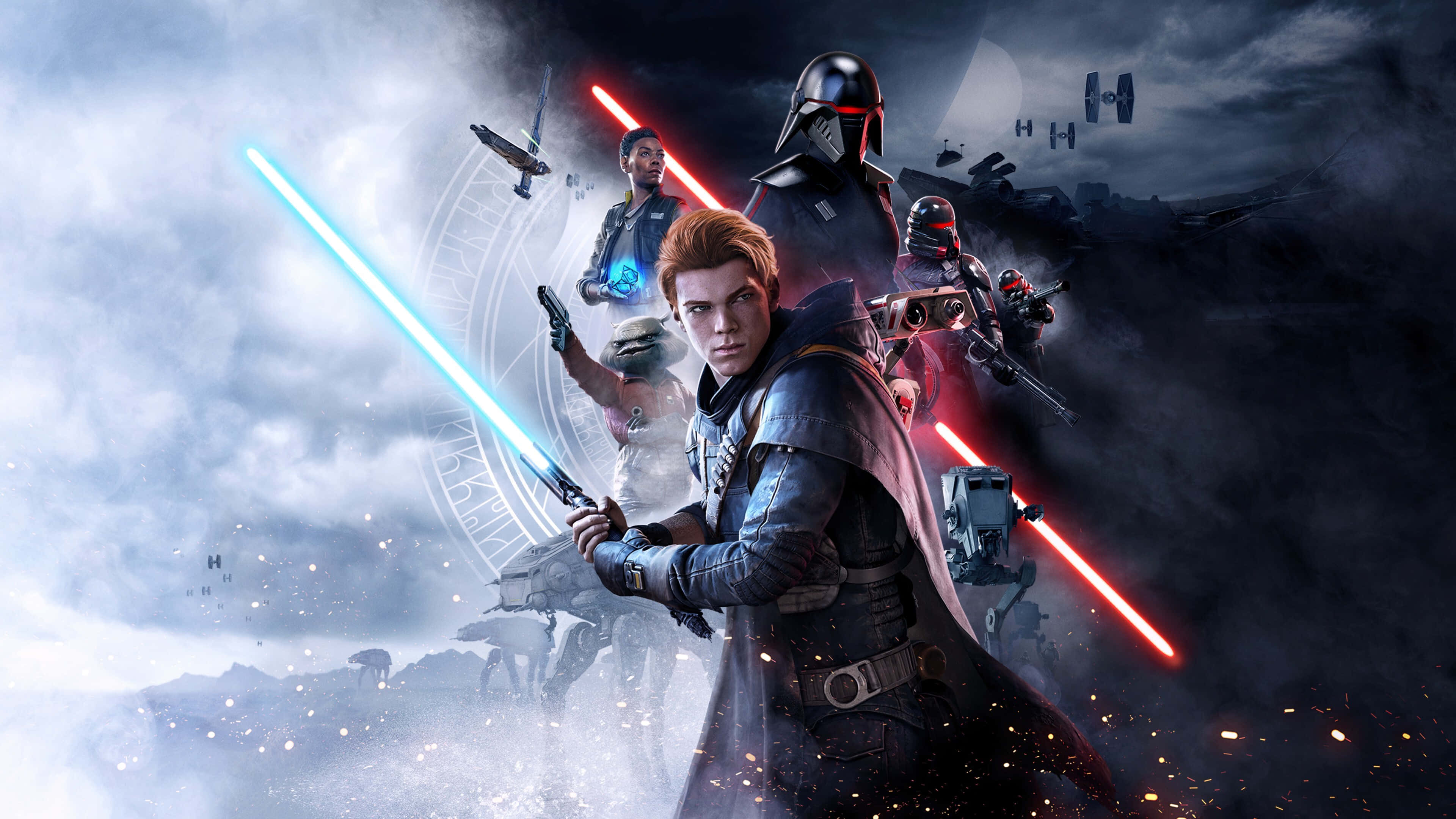 Star Wars Games 桌布 壁紙 — 一個戲劇性的星際大戰戰鬥場景，角色們在暴風雨的天空下揮舞著藍色和紅色的光劍，伴隨著星際戰鬥機和AT-AT。