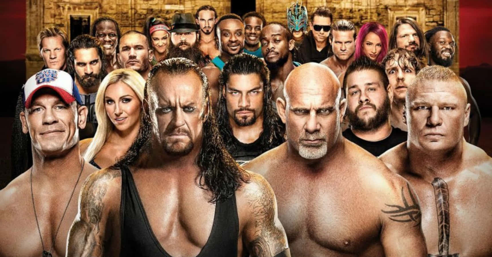 WWE 桌布 壁紙 — 一個戲劇性的群體肖像，WWE摔角手和名人對著紋理磚牆背景激烈擺姿勢。