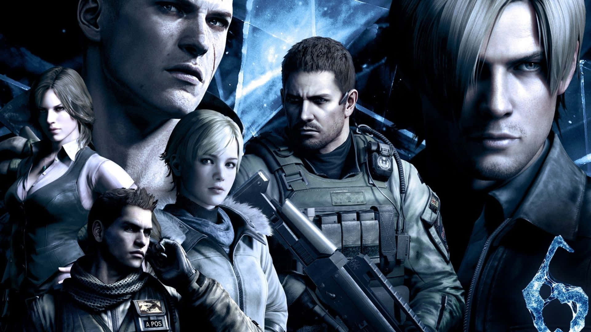 Resident Evil Characters 桌布 壁紙 — 一個戲劇性的群體肖像，六個表情嚴肅的電子遊戲角色穿著戰術裝備，背景是破碎的藍色玻璃。