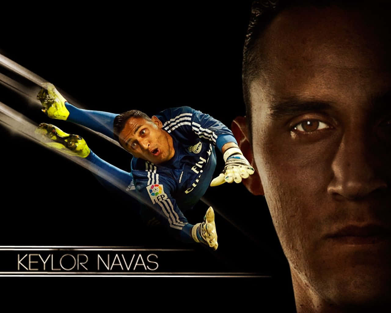 Keylor Navas 桌布 壁紙 — 一個戲劇性的近距離特寫，足球守門員基羅·拿華斯在黑色背景前飛身撲救，他充滿張力的臉龐佔據畫面。