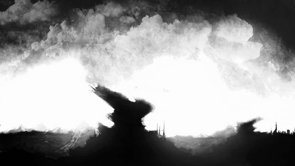 Dark Surrealism 桌布 壁紙 — 一個戲劇性的黑白城市天際線剪影，映襯著動盪、明亮的雲層天空。