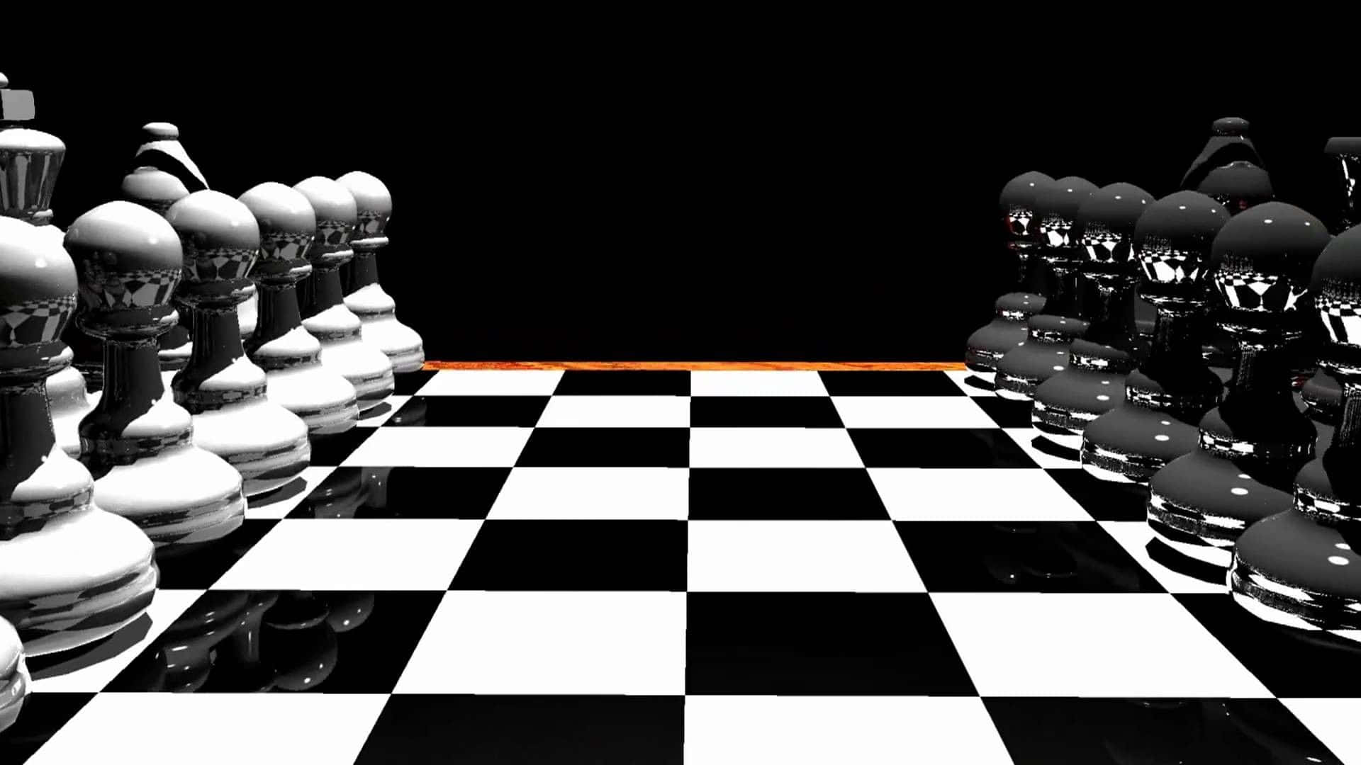 國際象棋 桌布 壁紙 — 一個戲劇性的黑白棋盤，帶有光澤棋子，背景為純黑色。