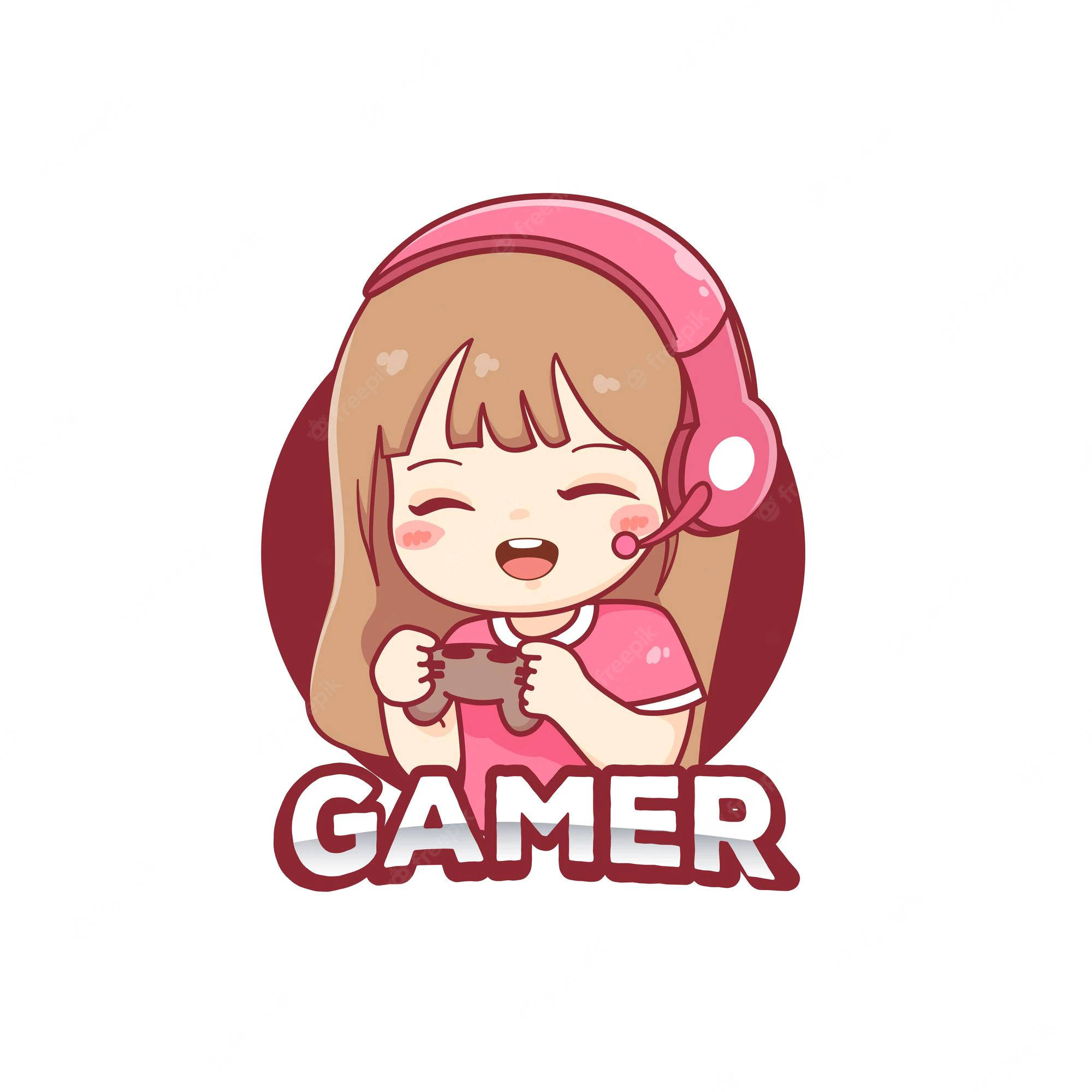 Gamer Logo 桌布 壁紙 — 一個戴住粉紅色耳機同控制器嘅開心卡通女仔，打機時露出燦爛笑容。