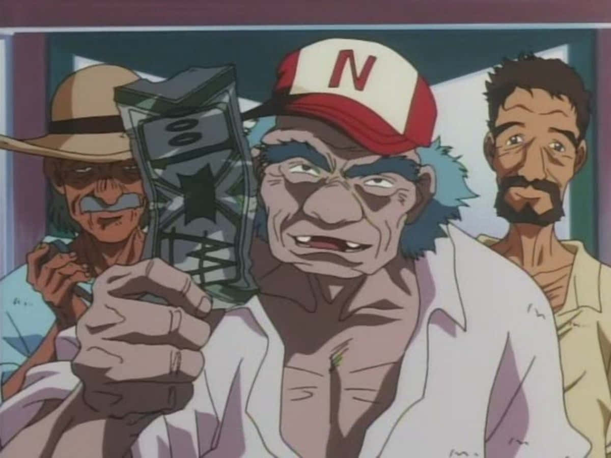Cowboy Bebop Antonio 桌布 壁紙 — 一個戴住紅白帽嘅動畫男人揸住一個壞咗嘅裝置，另外兩個男人用緊張嘅表情睇住。