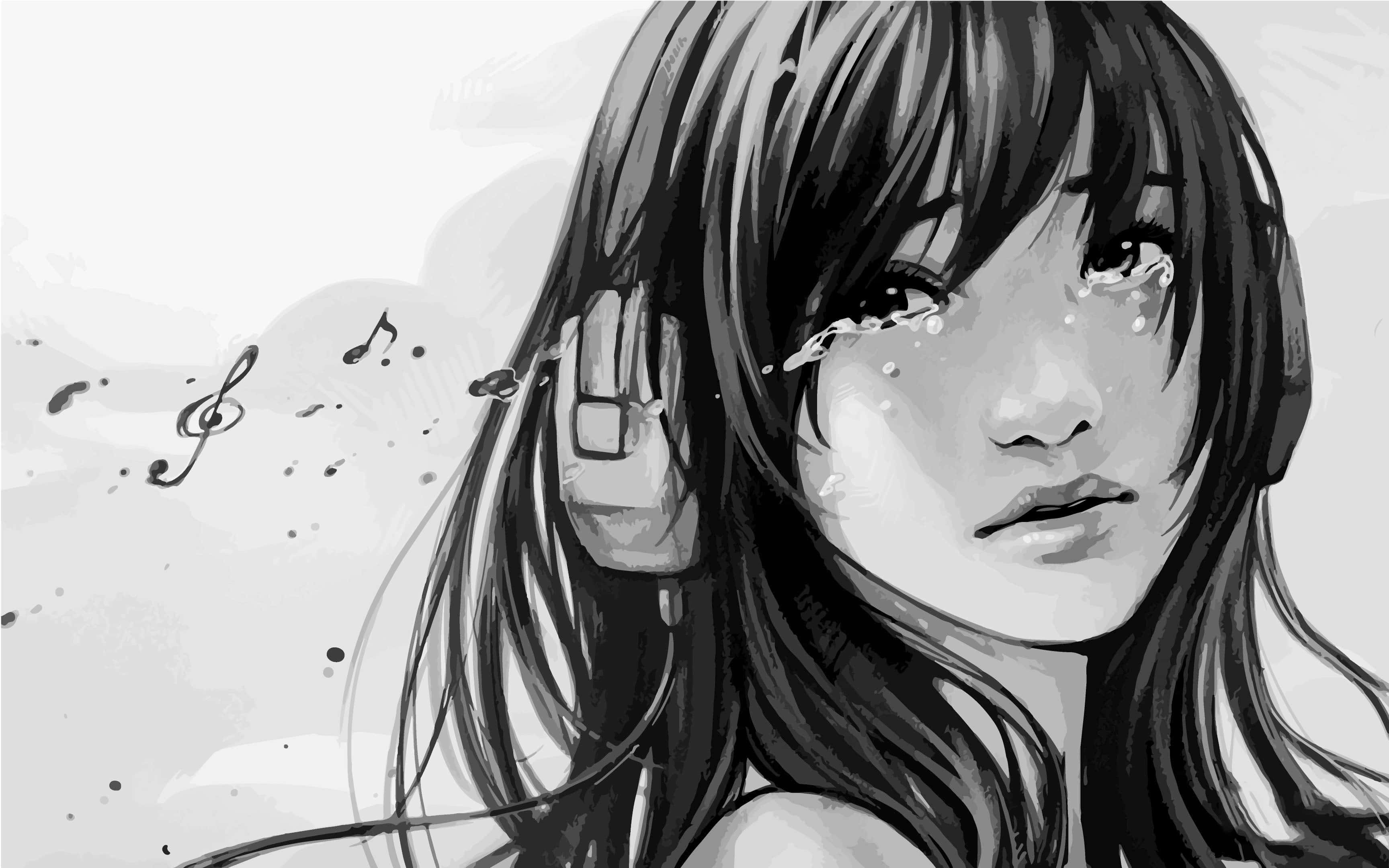 Sad Dark Anime 桌布 壁紙 — 一個戴住耳機嘅黑白動畫女仔喊緊，音符喺佢周圍飄浮，形成柔和嘅灰階效果。