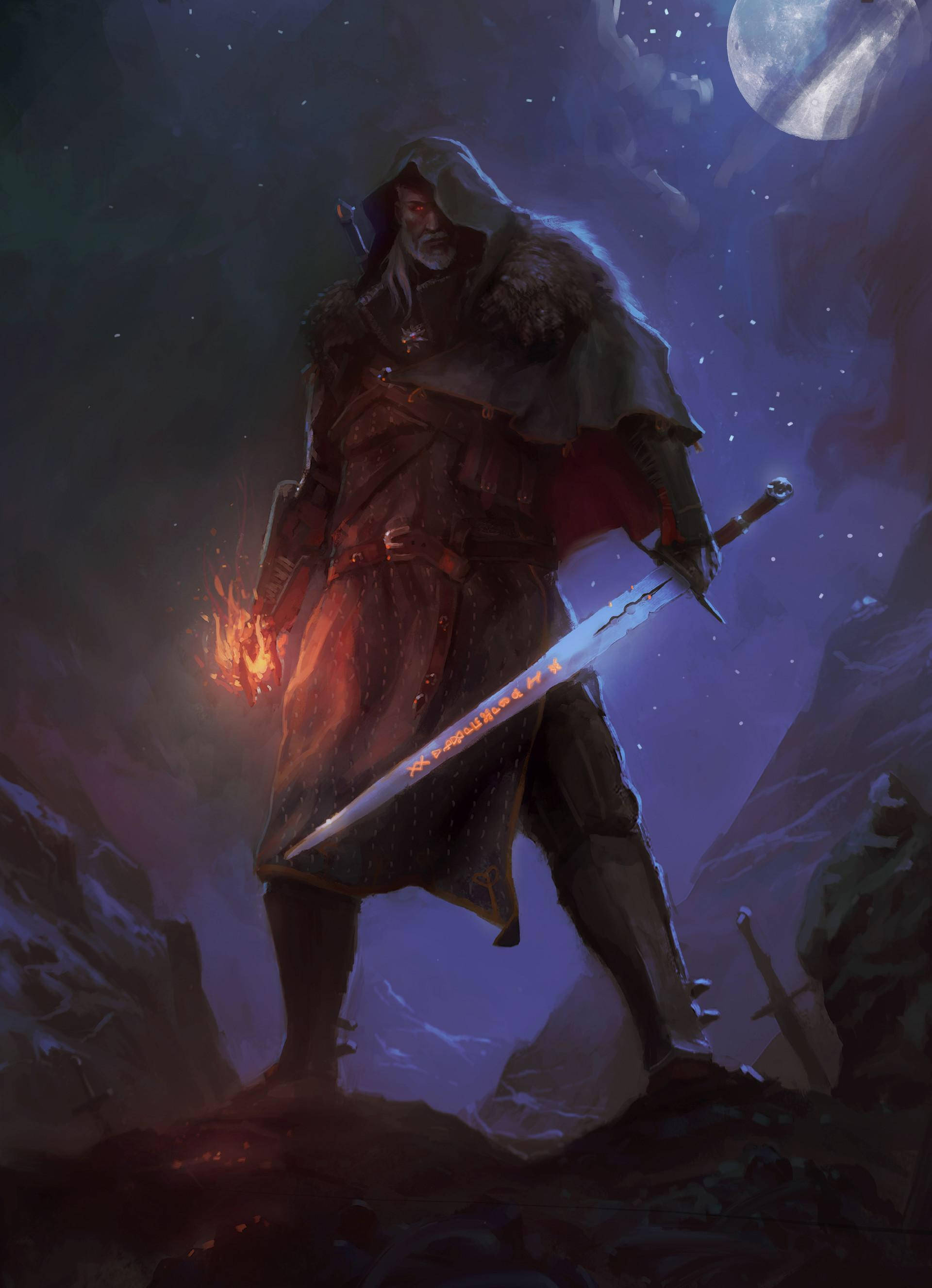 遊戲 桌布 壁紙 — 一個戴兜帽的戰士在夜晚站在積雪的山峰上，手持發光的劍和燃燒的球體，在滿月的星空下。