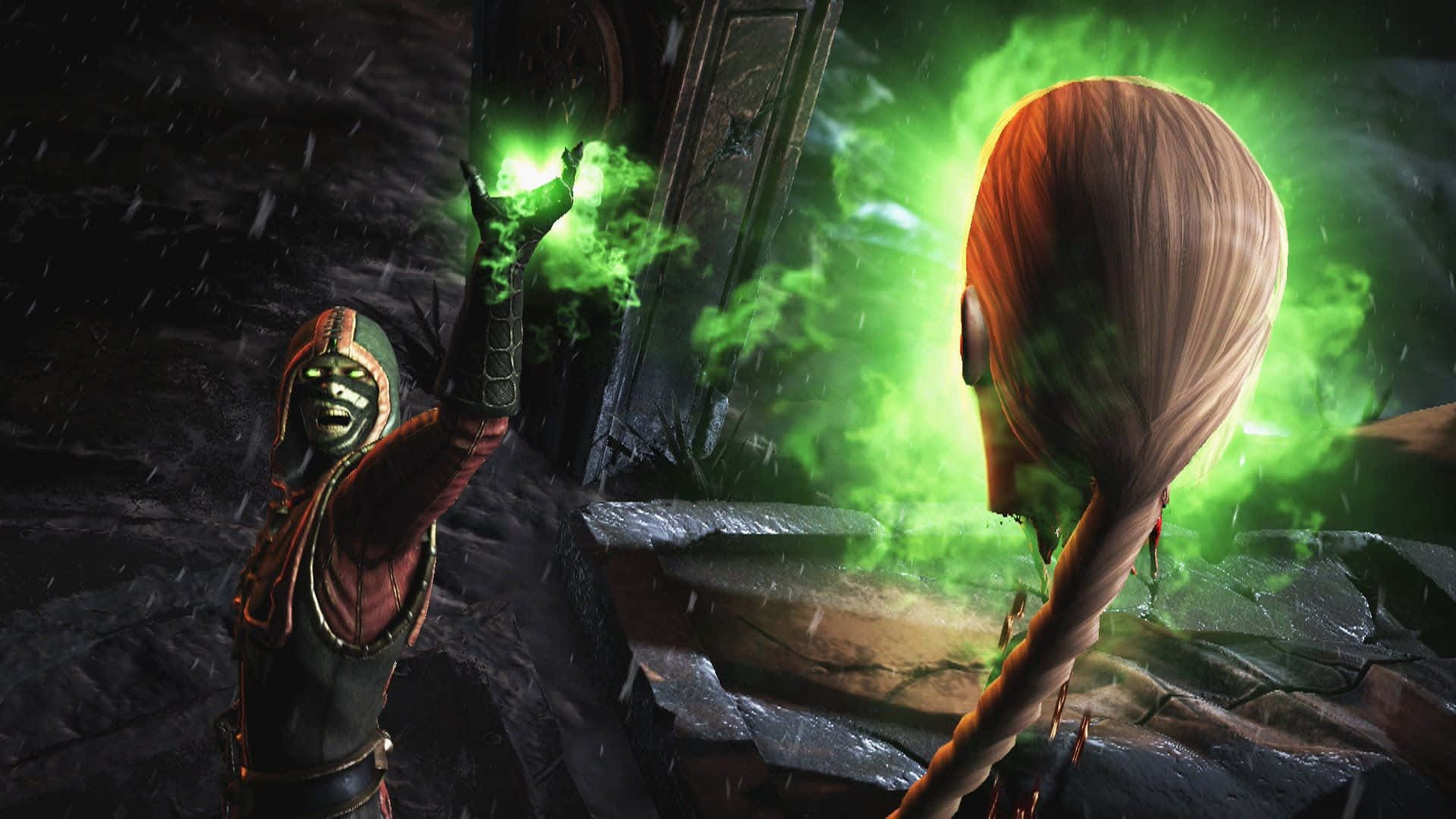 Mortal Kombat Fatality 桌布 壁紙 — 一個戴兜帽的身影在黑暗的雨中廢墟中，向一位長辮子女子引導發光的綠色魔法。