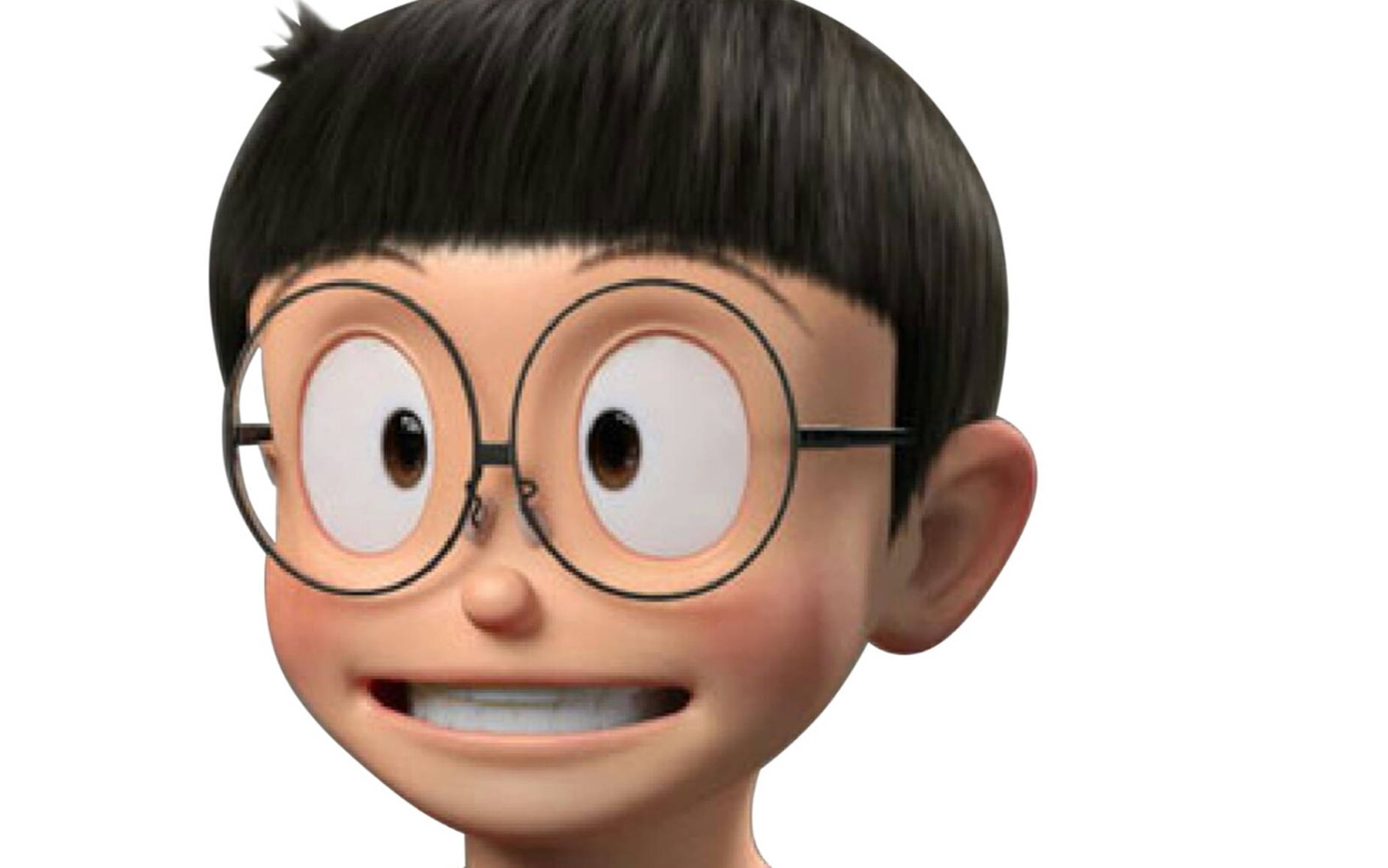 nobita 桌布 壁紙 — 一個戴圓框眼鏡、黑色短髮的開朗動畫男孩特寫，背景為純白色。