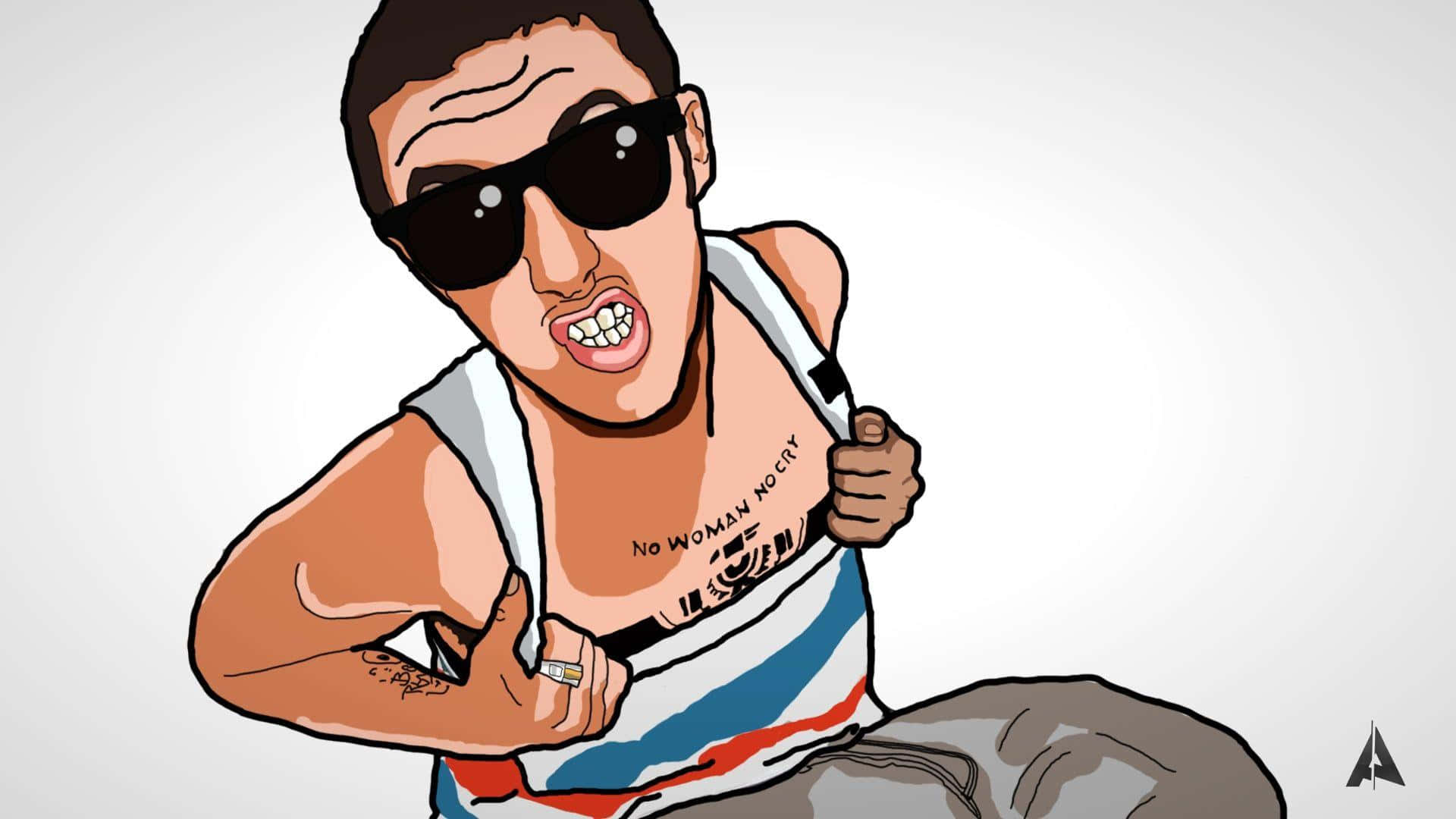Mac Miller 桌布 壁紙 — 一個戴太陽眼鏡和背心的卡通男人，在純色背景前展示肌肉，帶有紋身和大膽的表情。