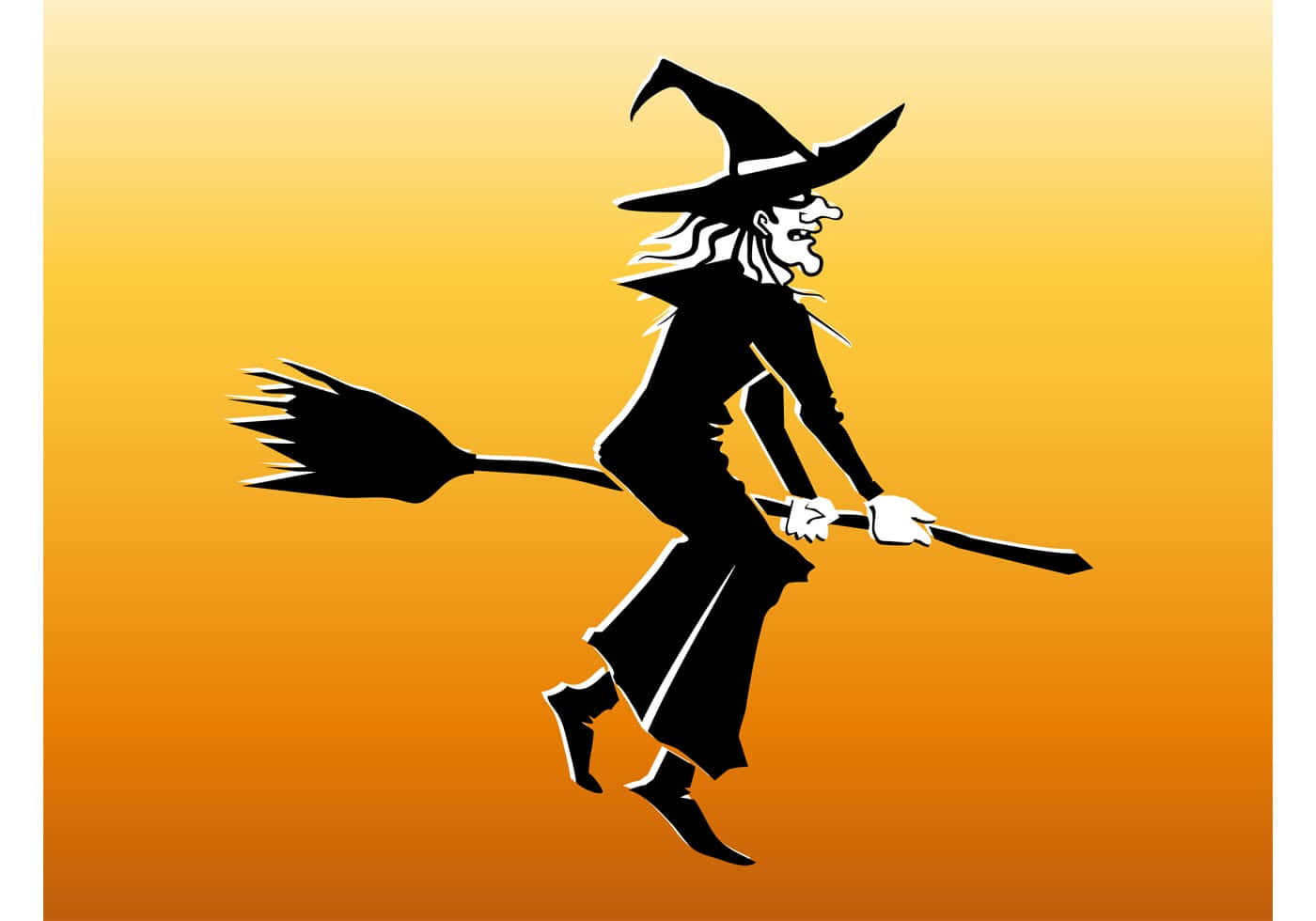 Witches Broom 桌布 壁紙 — 一個戴尖帽嘅女巫騎住掃帚喺橙色漸變背景前飛嘅黑色剪影。