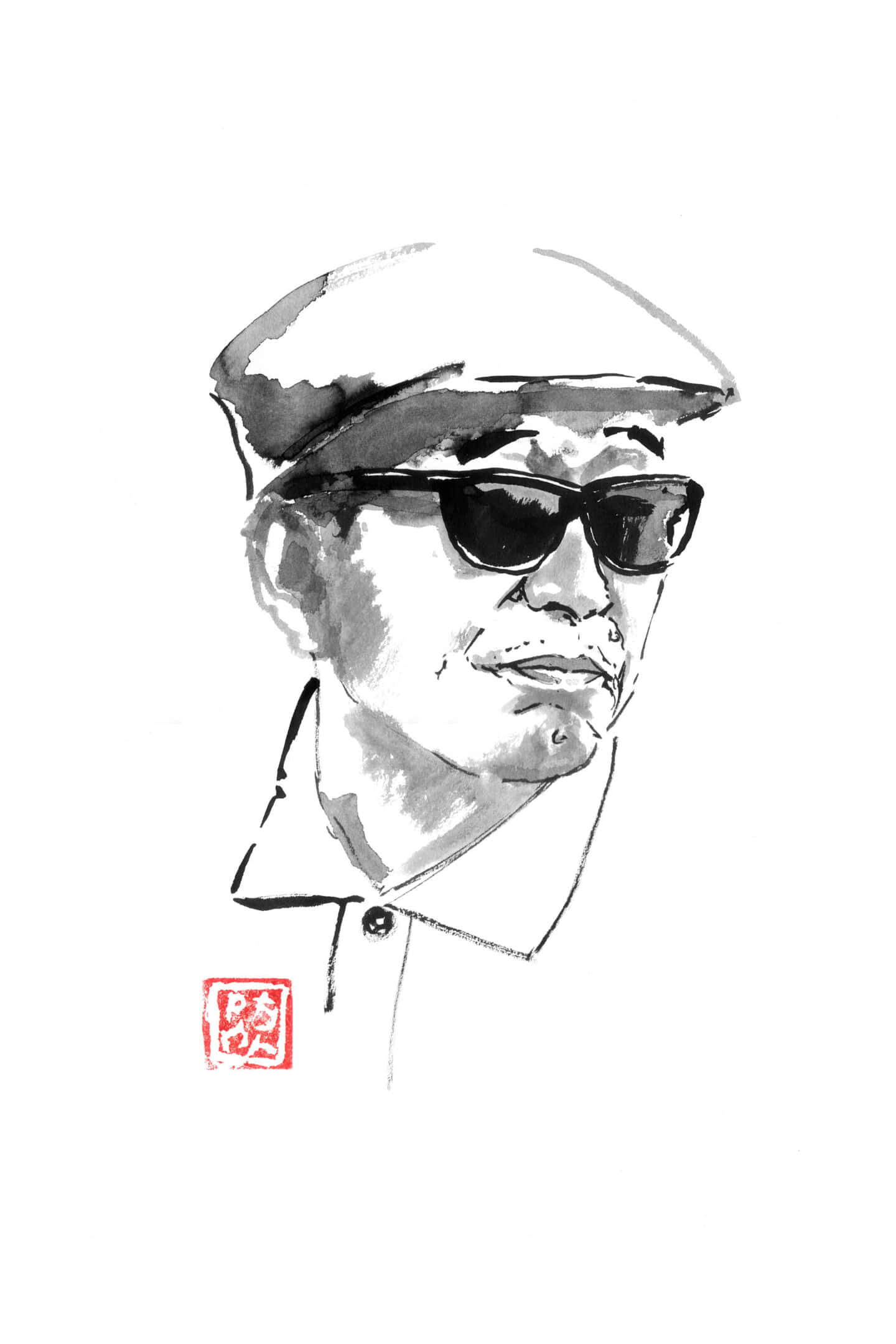 Akira Kurosawa 桌布 壁紙 — 一個戴帽和太陽眼鏡的男人的單色墨水素描，角落有一個紅色印章。