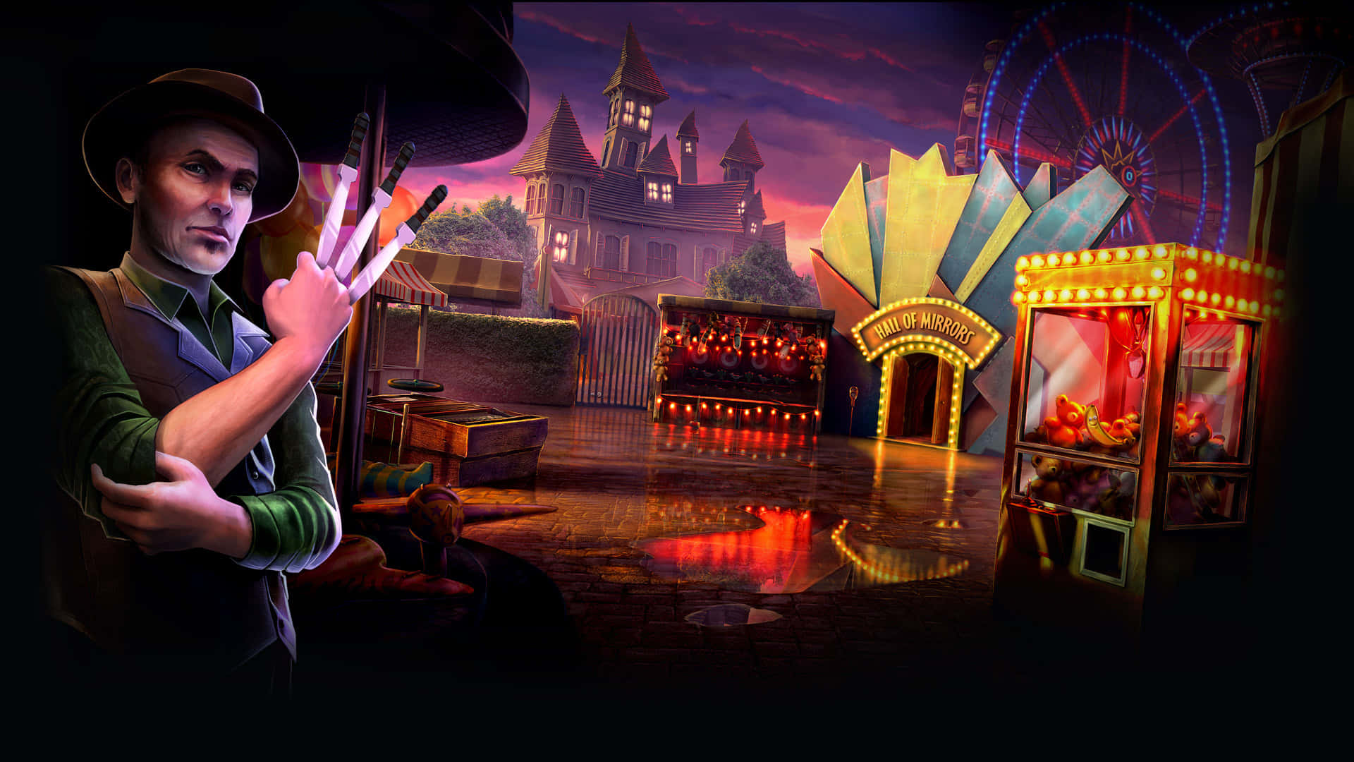 Dark Carnival 桌布 壁紙 — 一個戴帽嘅男人喺黃昏嘅詭異嘉年華中揸住刀，背景係鬼城堡同發光遊戲。