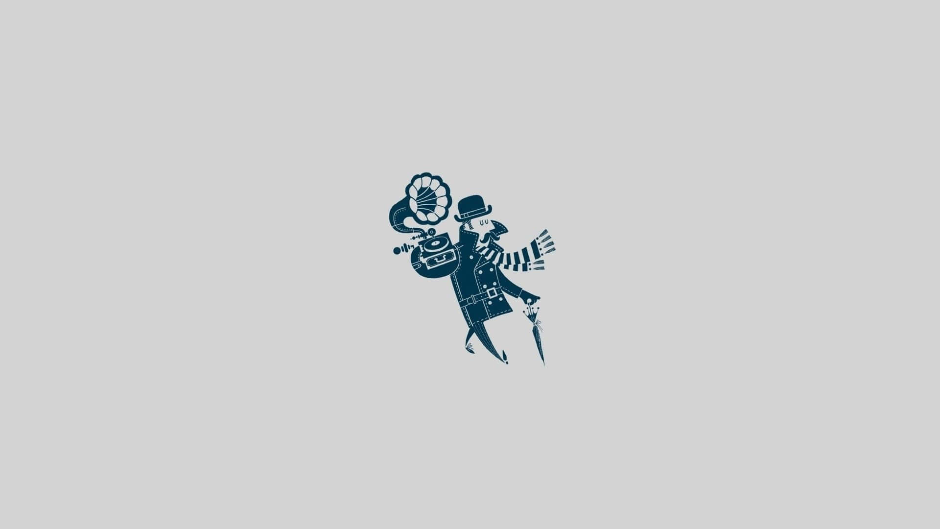 Minimalist Vintage 桌布 壁紙 — 一個戴帽子和圍巾的人，拿著復古留聲機的風格化藍色剪影，背景為純灰色。