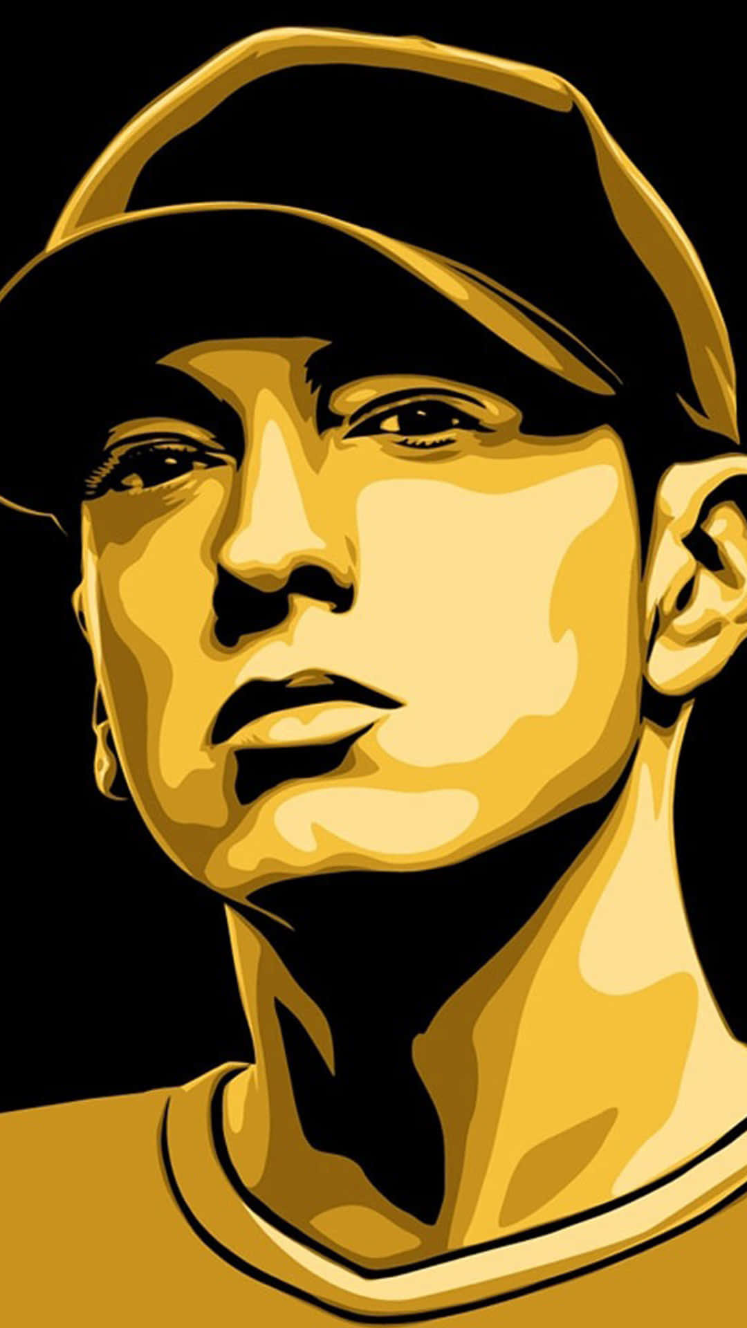 Eminem 桌布 壁紙 — 一個戴帽男士的風格化金色肖像，背景為黑色，帶有強烈對比陰影。