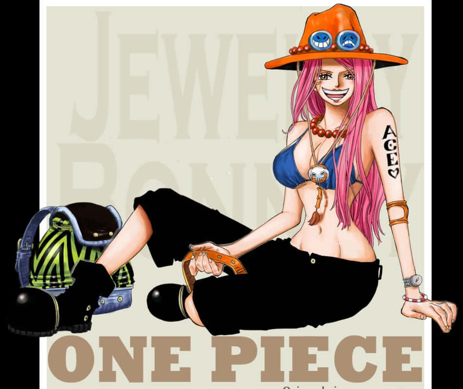 Jewelry Bonney 桌布 壁紙 — 一個戴橙色帽、穿藍色上衣、粉紅色頭髮的開心動畫女孩，旁邊放著一個背包，隨意地坐著。