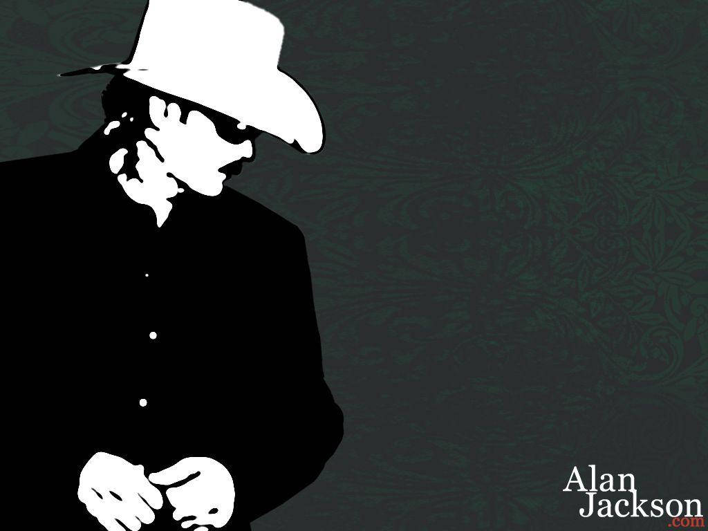 Alan Jackson 桌布 壁紙 — 一個戴牛仔帽和穿外套的男人的鮮明白色剪影，站在深綠色圖案背景前。