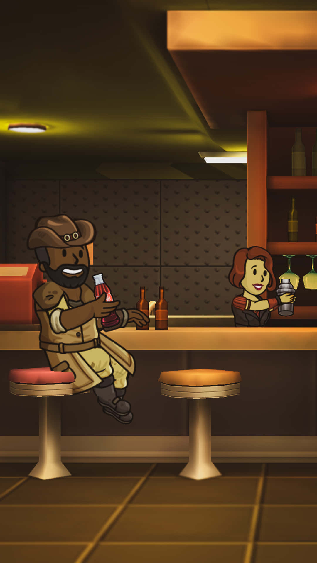 Fallout Shelter 桌布 壁紙 — 一個戴牛仔帽的卡通男人微笑著，在燈光昏暗的酒吧裡拿著汽水，吧檯後面有酒保。