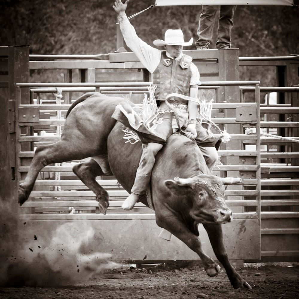 Rodeo 桌布 壁紙 — 一個戴白帽嘅牛仔喺塵土飛揚嘅牛仔競技場入面，緊緊抓住一隻跳過金屬圍欄嘅狂野公牛。