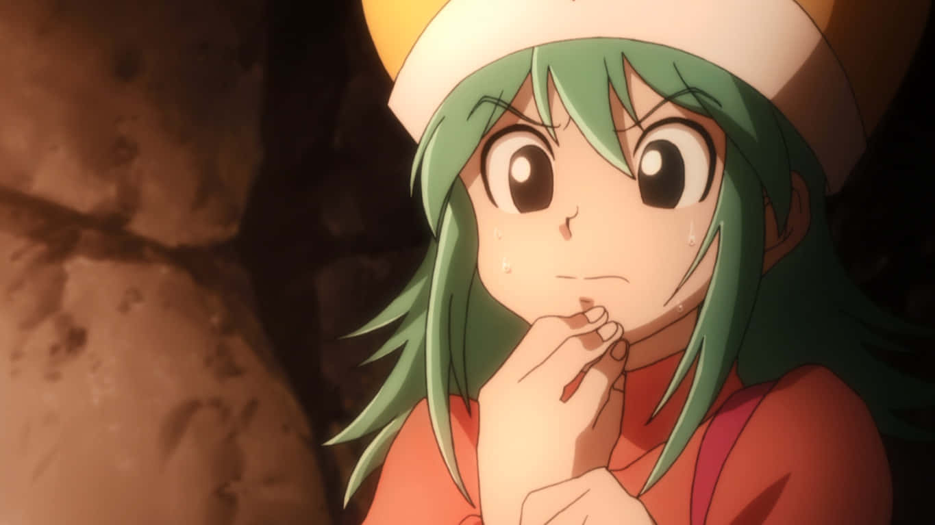 Hunter X Hunter Ponzu 桌布 壁紙 — 一個戴白帽嘅綠髮動漫女仔喺昏暗洞穴入面，眼淚汪汪，手指放喺嘴唇上，睇起嚟好緊張。