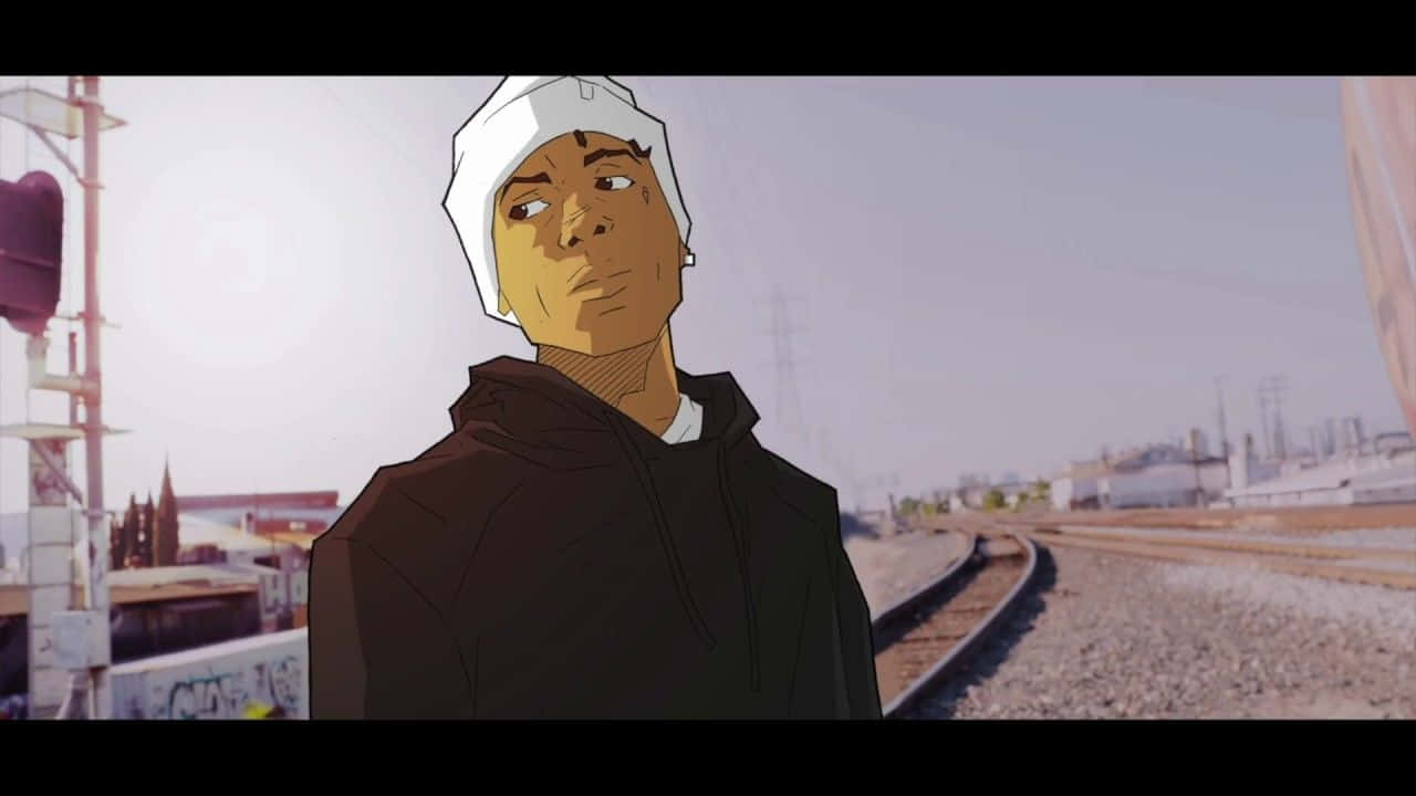 NBA YoungBoy 桌布 壁紙 — 一個戴白色冷帽和黑色連帽衫的年輕男子站在火車軌道旁，背景是朦朧的陽光和工業建築。