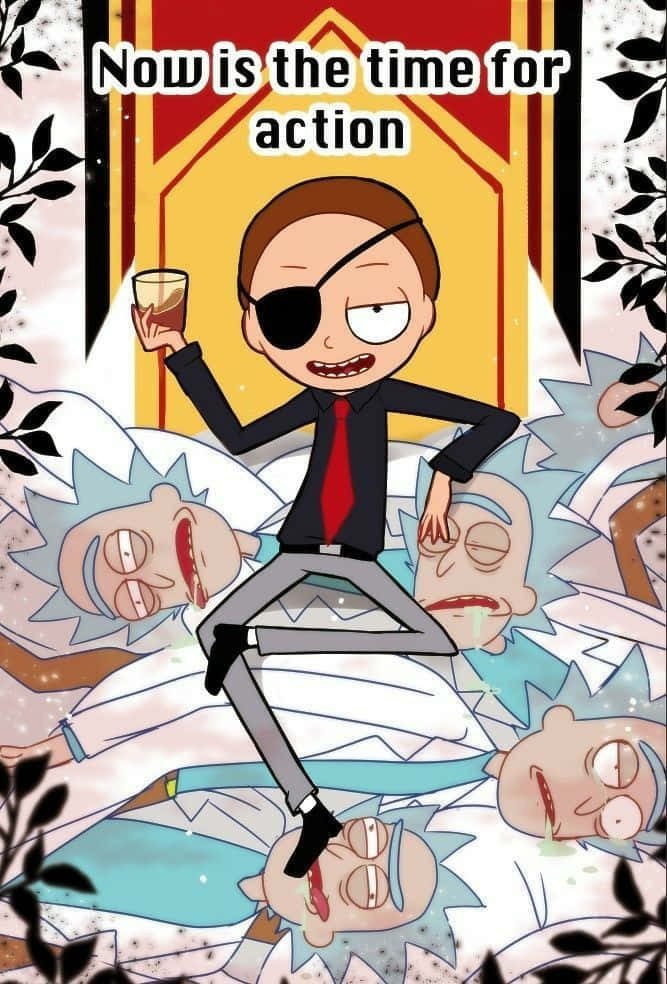 Evil Morty 桌布 壁紙 — 一個戴眼罩、打紅色領帶的卡通角色，勝利地坐在被打敗的Rick Sanchez複製人身上，手持飲品。