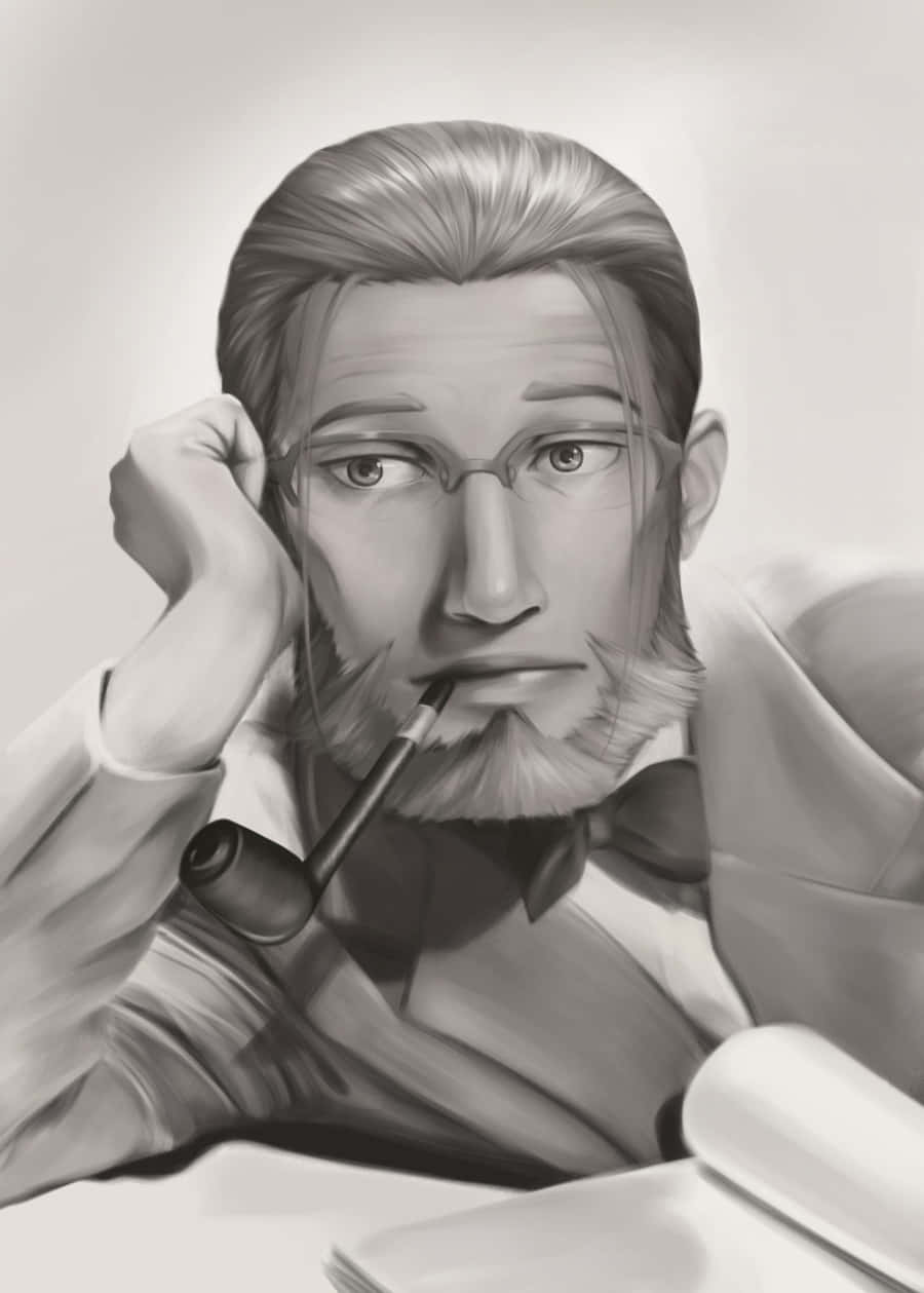 Van Hohenheim 桌布 壁紙 — 一個戴眼鏡、手持煙斗的沉思男子，托腮凝視著一本打開的書。