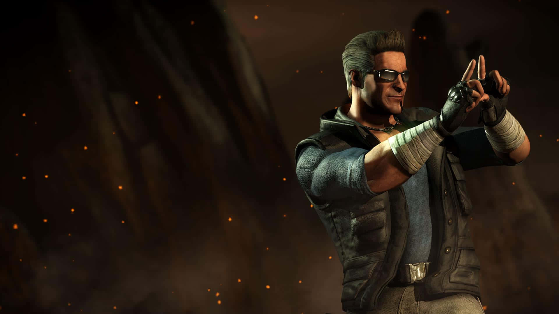 Mortal Kombat Characters 桌布 壁紙 — 一個戴眼鏡、手臂纏著繃帶的肌肉男，在煙霧火燄背景中擺出戰鬥姿勢。