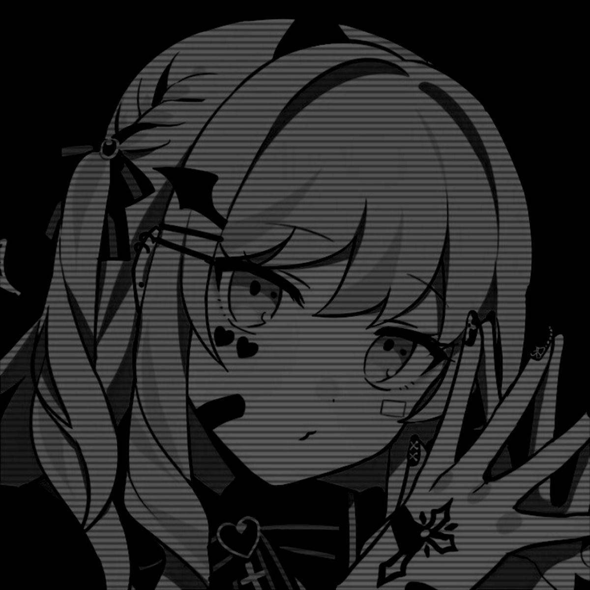 Sexy Anime Pfp 桌布 壁紙 — 一個戴眼鏡、有心形雀斑的單色動漫女孩，在條紋背景前，手靠近臉部向上看。