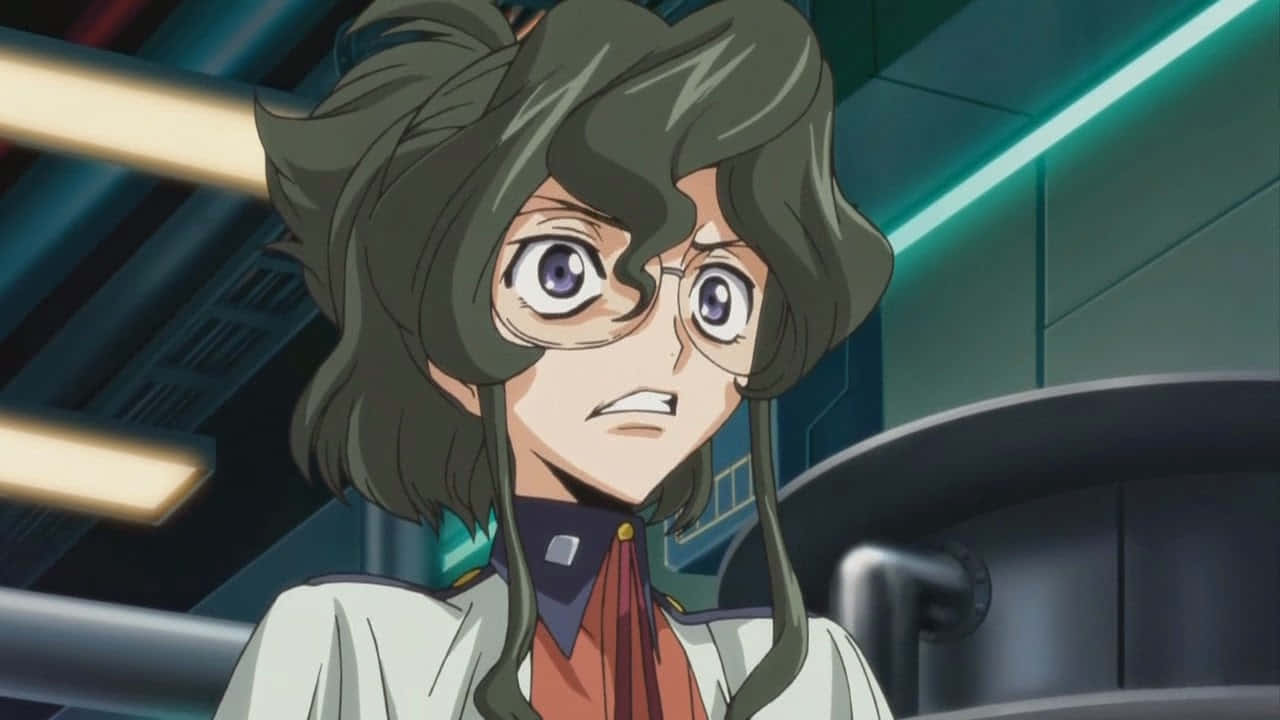 Nina Einstein 桌布 壁紙 — 一個戴眼鏡、棕色頭髮的動漫女孩在充滿霓虹燈光的未來駕駛艙中顯得震驚。