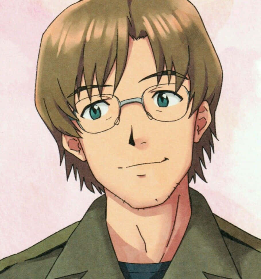 Kensuke Aida 桌布 壁紙 — 一個戴眼鏡、棕色頭髮的年輕男子的特寫動畫肖像，背景是柔和的粉紅色。