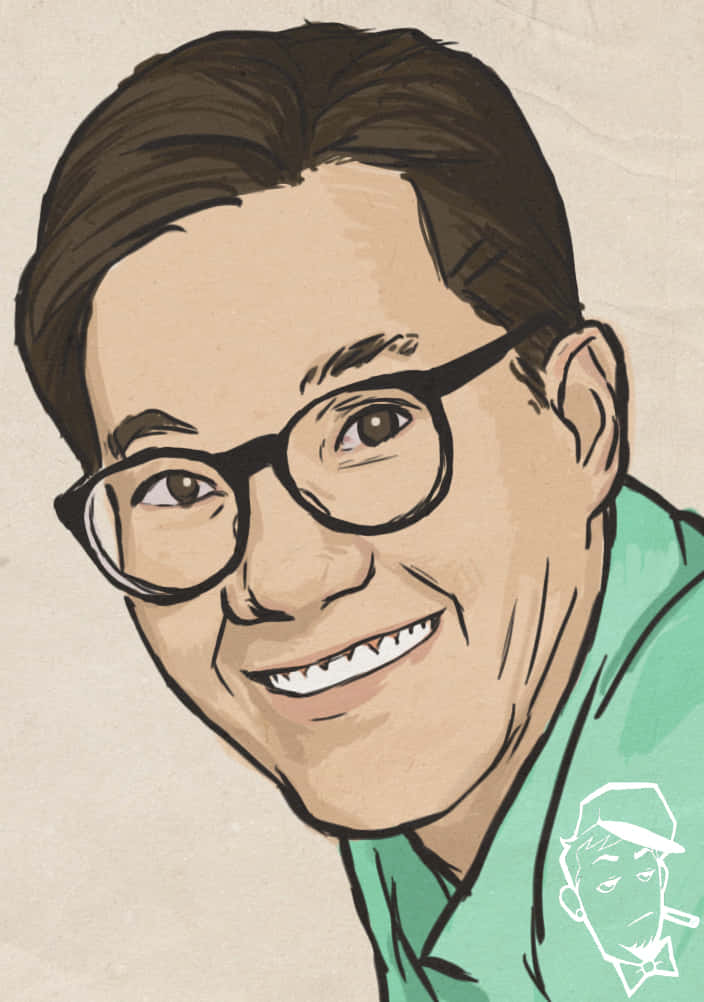 Akira Toriyama 桌布 壁紙 — 一個戴眼鏡、穿綠色襯衫的男子，在紋理米色背景上溫暖微笑的愉快插圖肖像。
