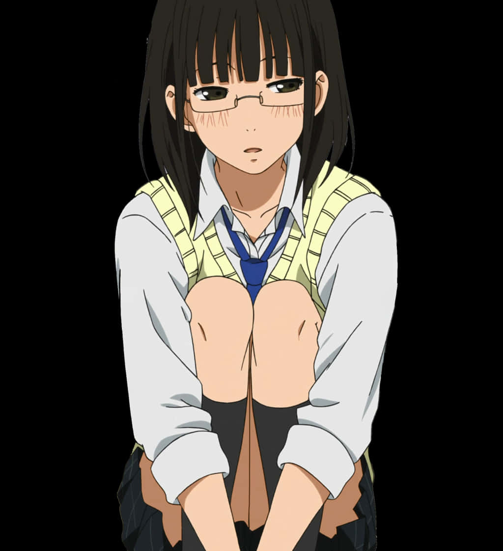 Chizuru Maihara 桌布 壁紙 — 一個戴眼鏡、穿著校服的年輕動漫女孩，在黑色背景前彎腰坐著，害羞地低頭看著。