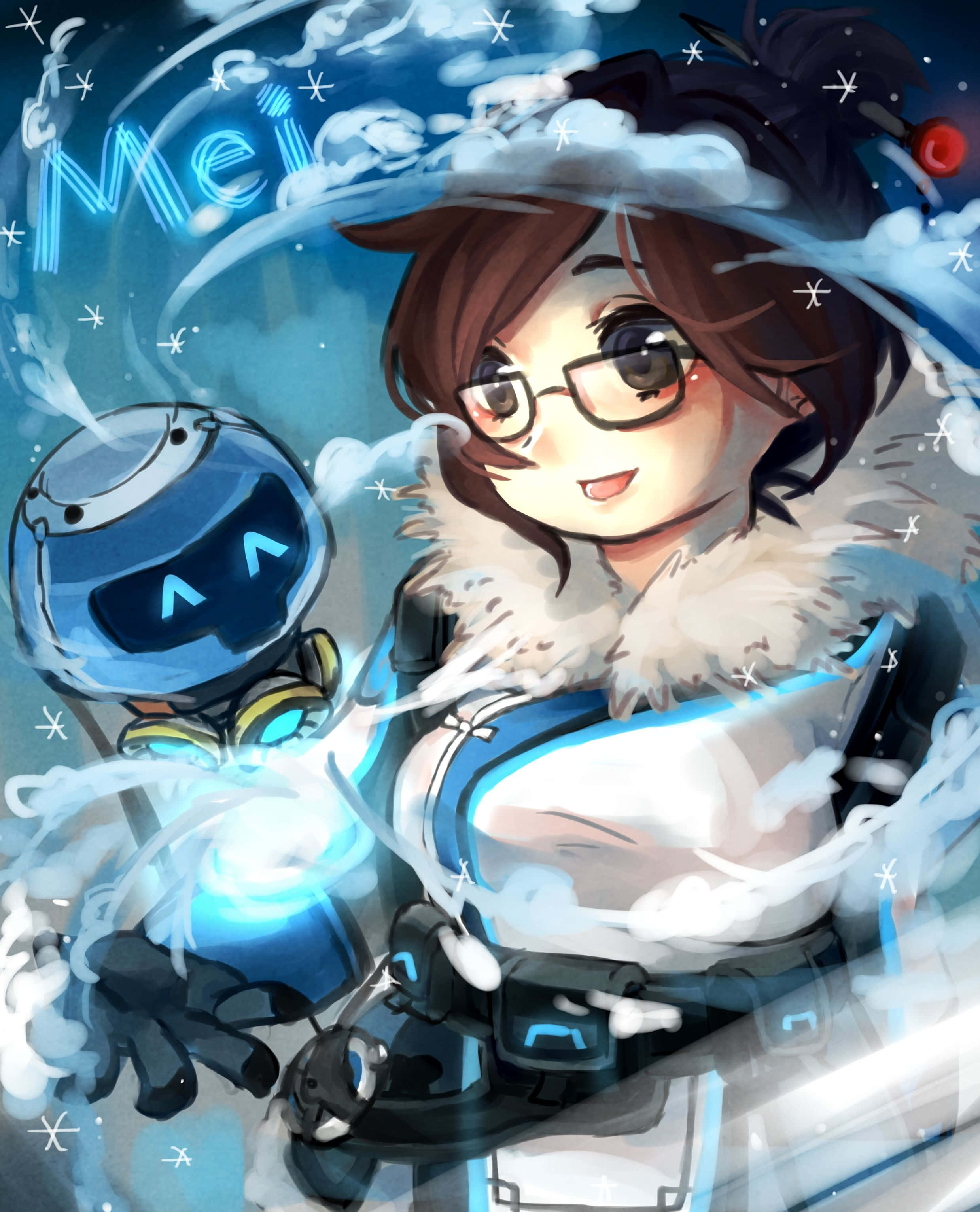 Overwatch Mei 桌布 壁紙 — 一個戴眼鏡、穿著毛領外套的開朗動漫女孩，站在她的藍色機器人同伴旁邊，周圍是旋轉的雪花和冰冷的藍光。