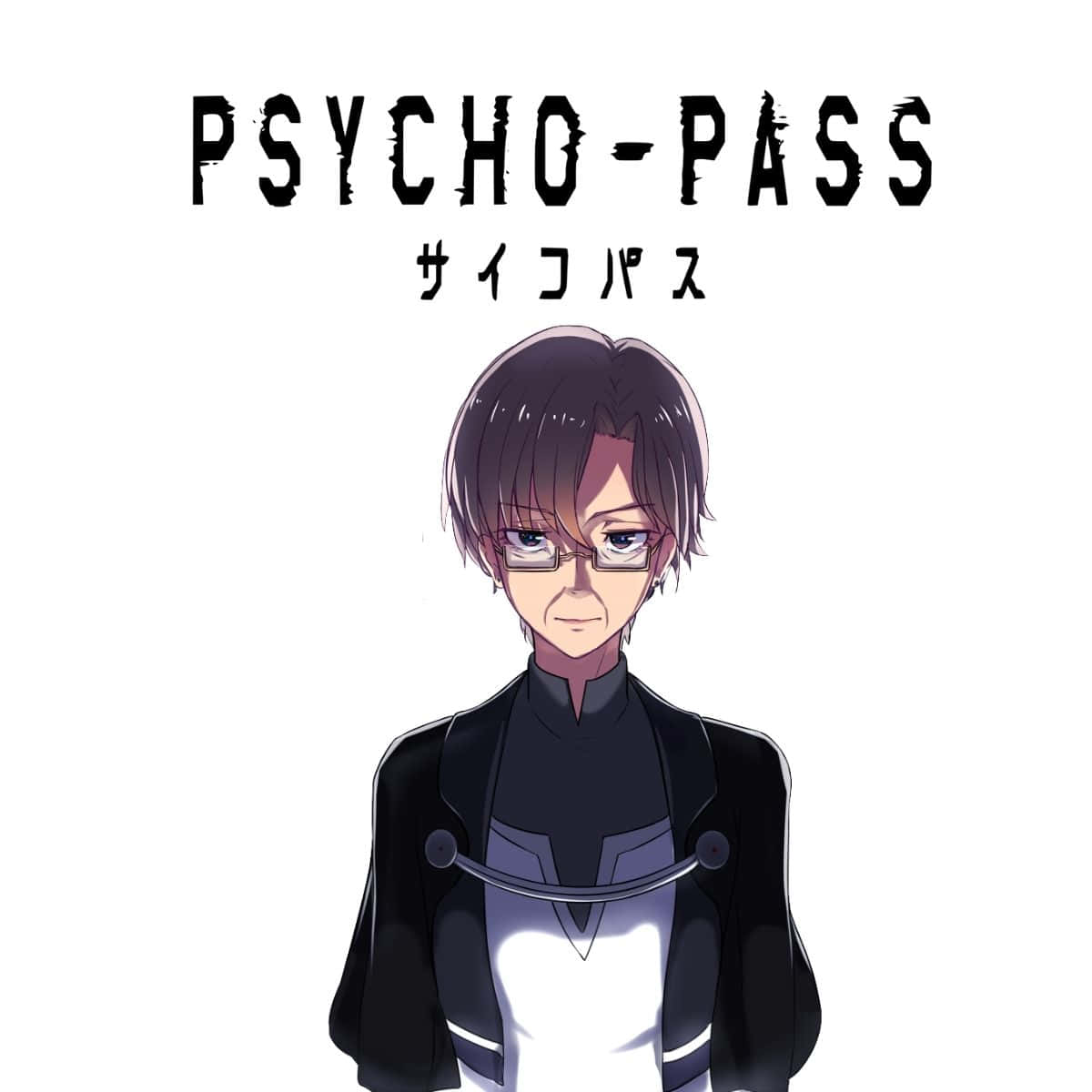Joshu Kasei 桌布 壁紙 — 一個戴眼鏡、穿黑色制服嘅認真動漫角色，企喺粗體嘅「PSYCHO-PASS」標題下面。