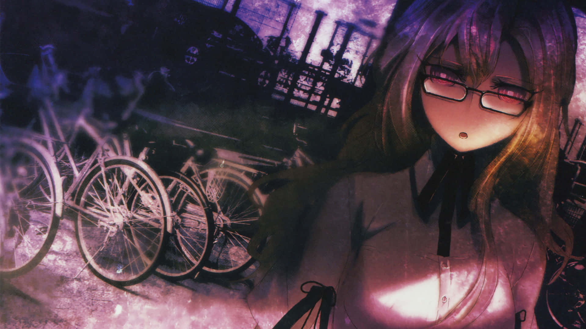 Moeka Kiryu 桌布 壁紙 — 一個戴眼鏡、紫色頭髮的女孩站在自行車旁，背景是憂鬱的紫色暮色天空。
