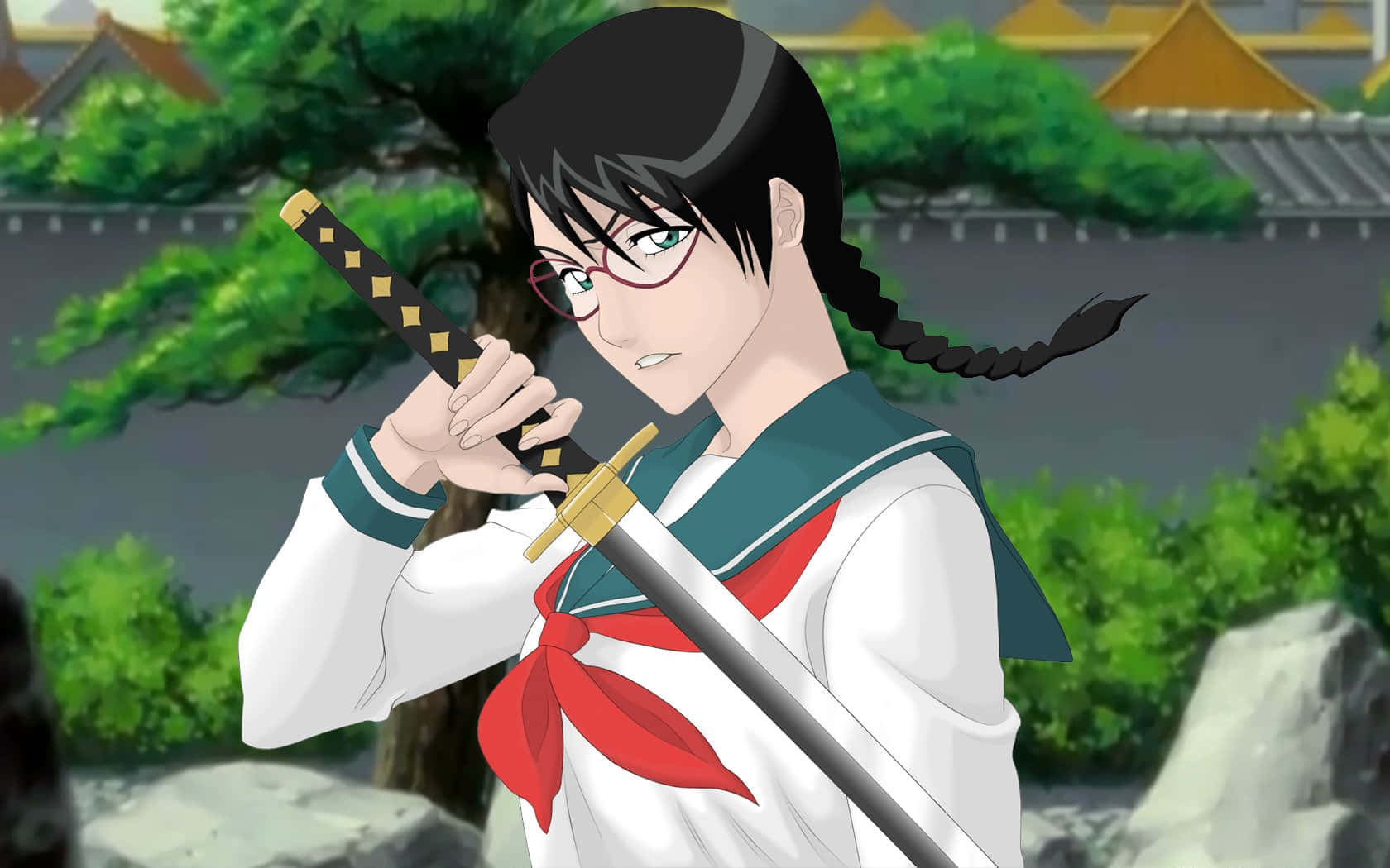Lisa Yadomaru 桌布 壁紙 — 一個戴眼鏡、紮辮子的堅定動漫女孩，在一個有傳統建築的翠綠庭院中握著一把武士刀。