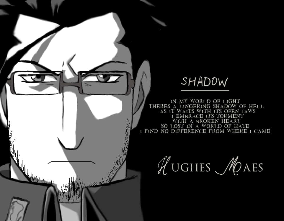 Maes Hughes 桌布 壁紙 — 一個戴眼鏡、臉部有陰影的男性，旁邊有詩意文字的鮮明黑白動畫肖像。