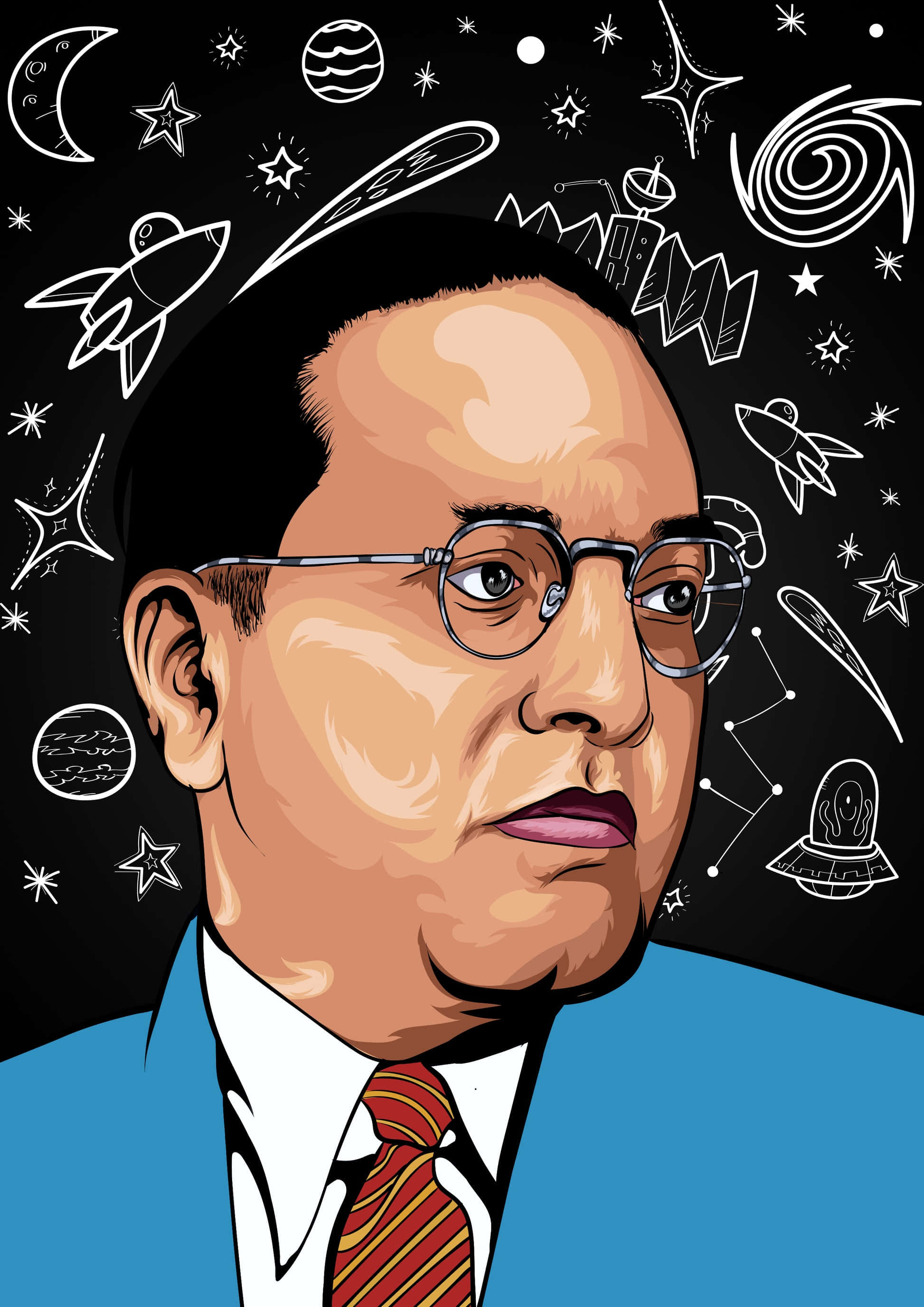 Ambedkar 桌布 壁紙 — 一個戴眼鏡、身穿藍色西裝的男士的風格化肖像，被宇宙塗鴉環繞在黑色背景上。