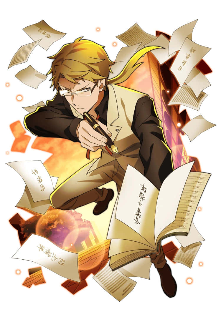 Kunikida 桌布 壁紙 — 一個戴眼鏡、金髮的動畫男孩，在飄浮的紙張和一本打開的書本中，手持一支筆，背景是火熱的橙色。