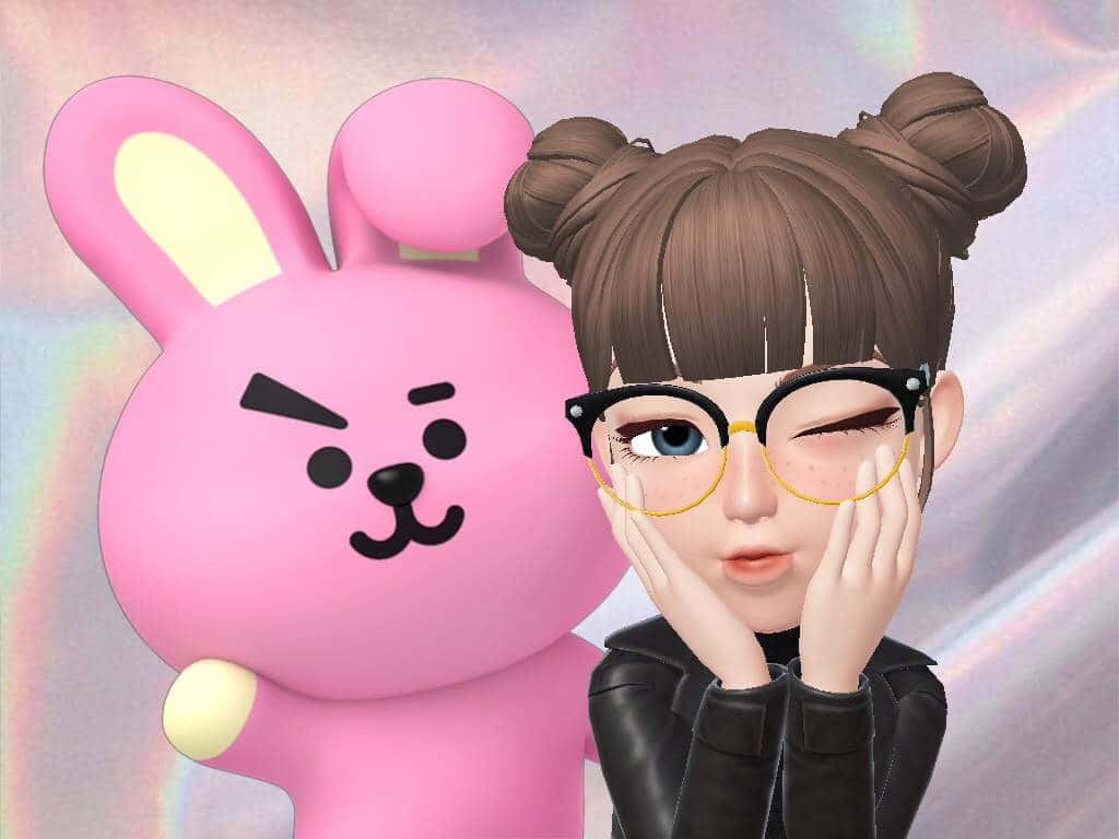 Zepeto 桌布 壁紙 — 一個戴眼鏡、雙丸子頭的女生在閃爍的彩虹背景前，與一隻粉紅色憤怒的兔子並排擺姿勢。