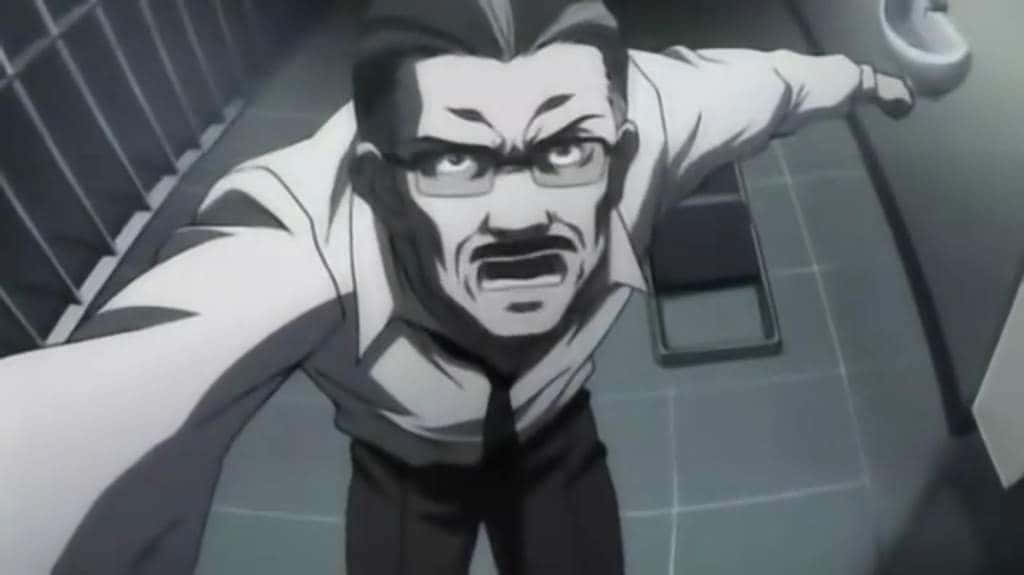 Soichiro Yagami 桌布 壁紙 — 一個戴眼鏡同鬍鬚嘅動畫男人喺鋪咗磚嘅房入面憤怒咁尖叫同向前衝。