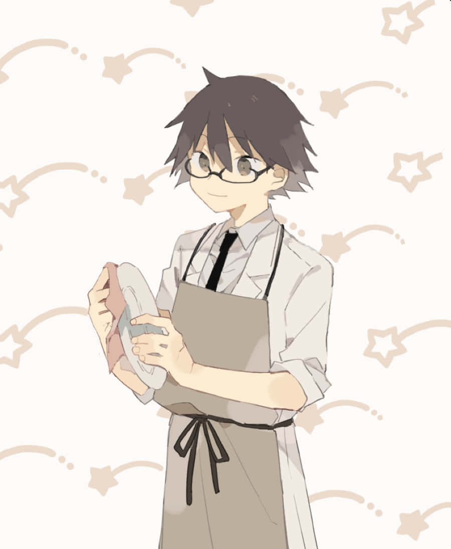 Shinra Kishitani 桌布 壁紙 — 一個戴眼鏡和圍裙的開朗動漫男孩，在滿是星星的米色背景前拿著一個盤子。