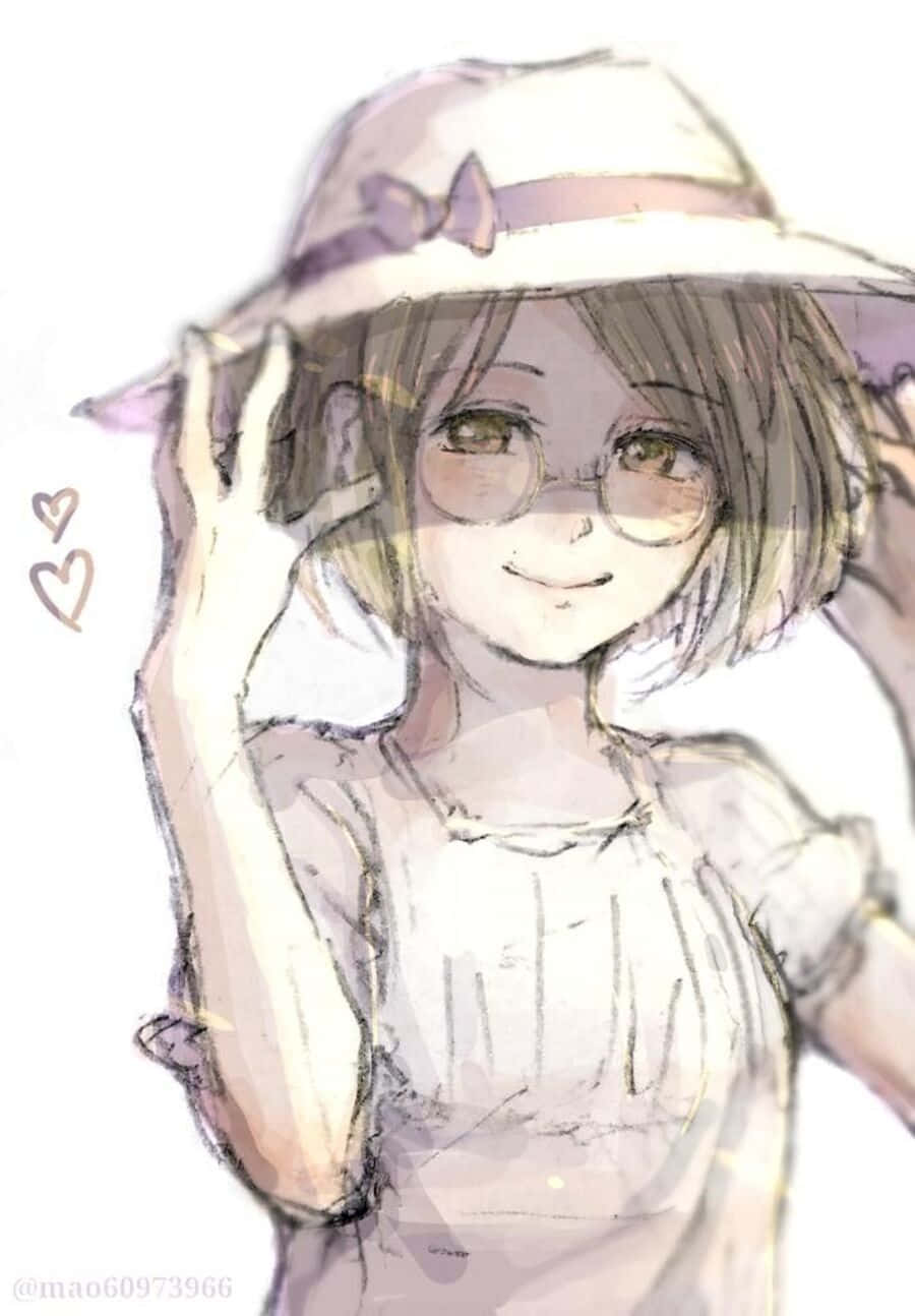 The Promised Neverland Gilda 桌布 壁紙 — 一個戴眼鏡和帽子的開朗動畫女孩微笑著用雙手調整帽子。