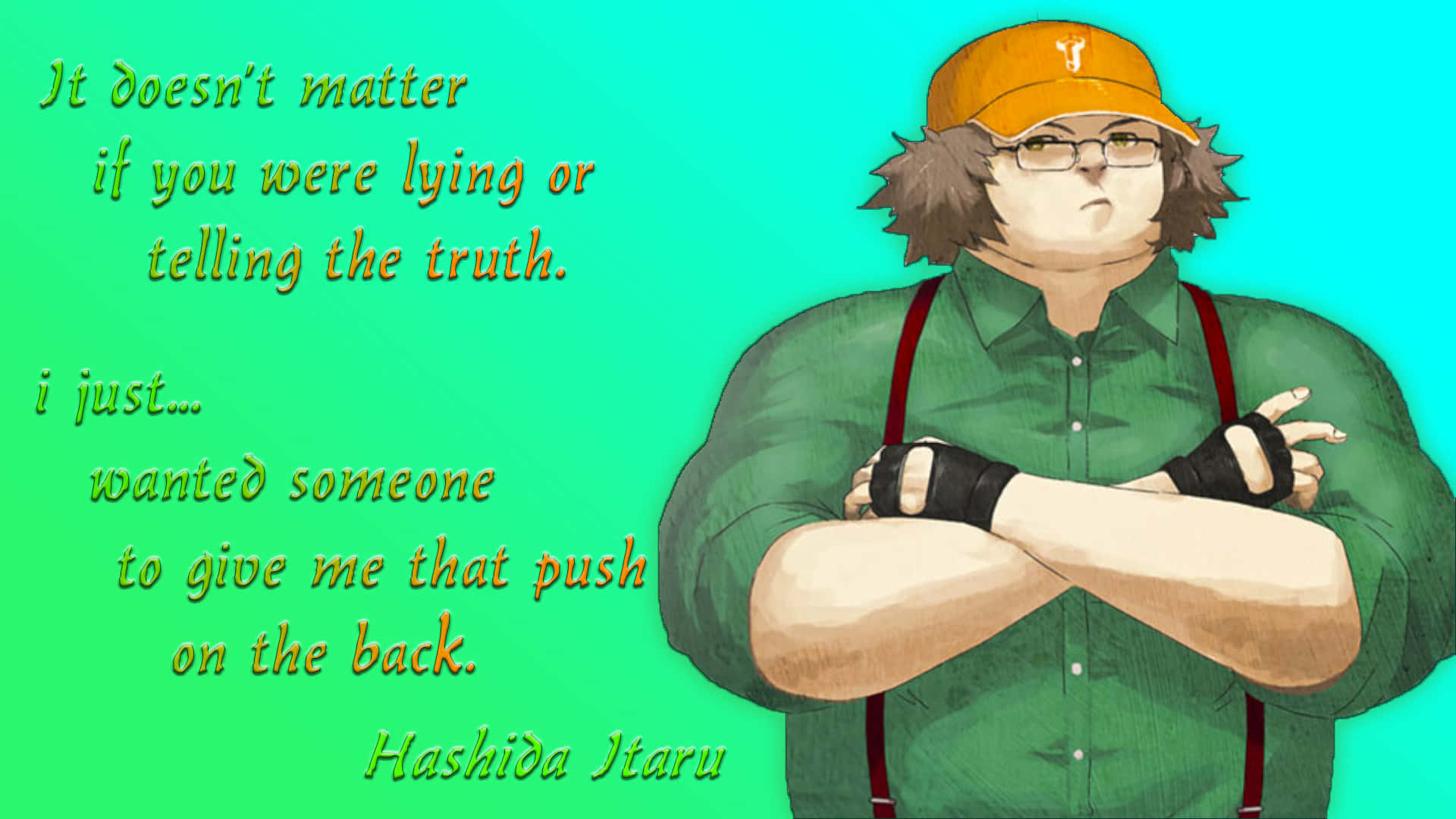 Itaru Hashida 桌布 壁紙 — 一個戴眼鏡和橙色帽子的堅定動漫角色，在充滿活力的青綠色背景上交叉雙臂站立，並帶有勵志文字。