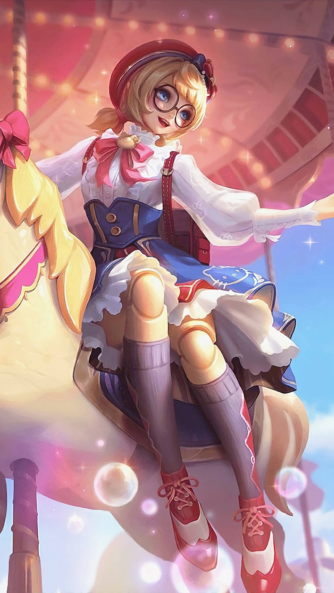 Mobile Legends 桌布 壁紙 — 一個戴眼鏡和紅色貝雷帽的開朗動漫女孩，在閃爍的燈串下騎著旋轉木馬。