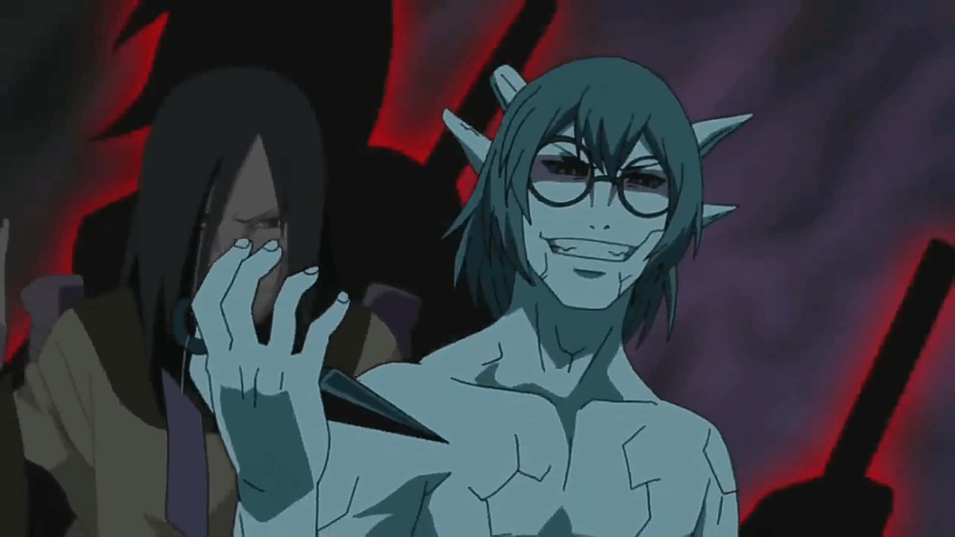Kabuto Yakushi 桌布 壁紙 — 一個戴眼鏡和角嘅動漫角色喺深紅色同黑色背景前邪惡咁笑。
